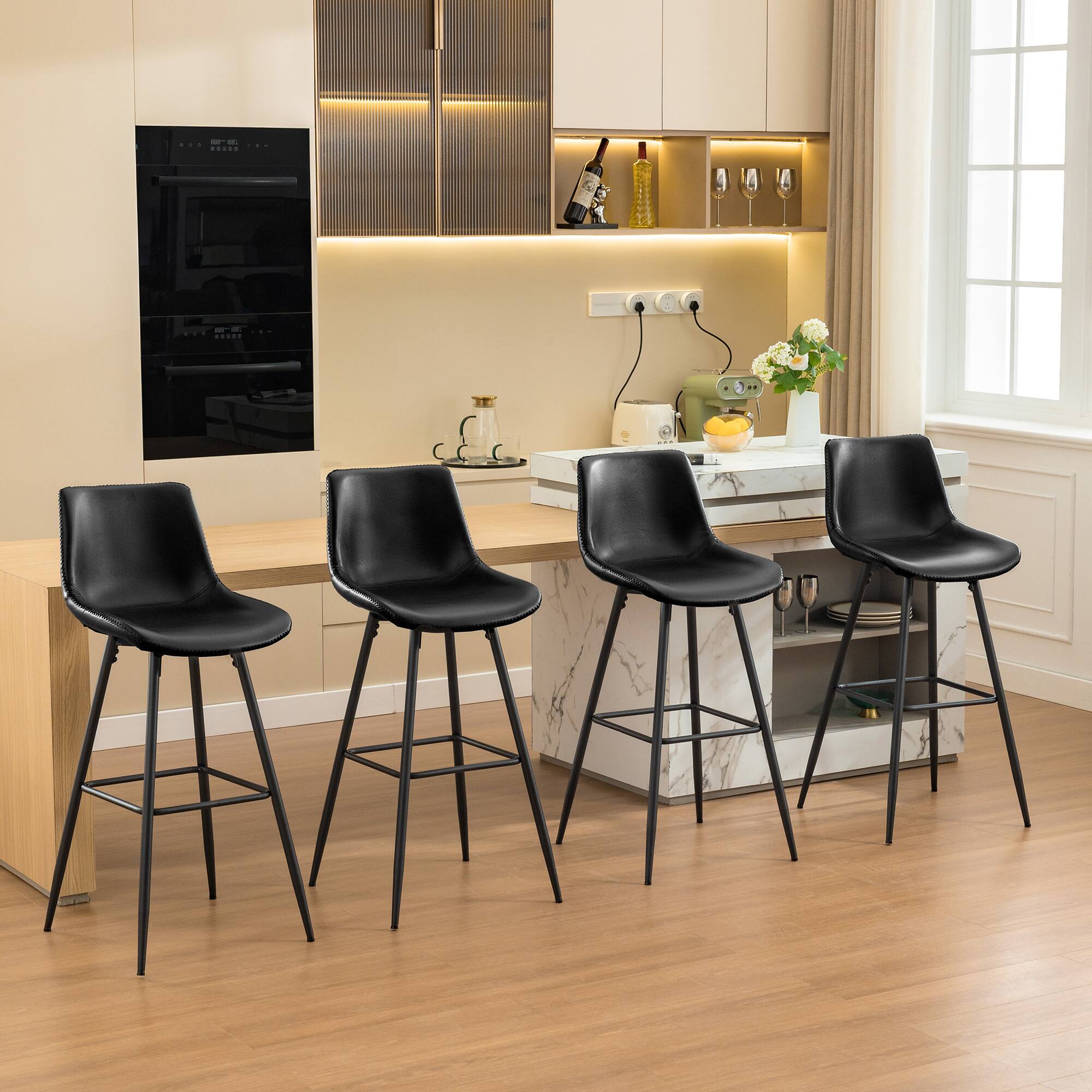Alt View 5. KERDOM - 4pcs Bar Stools with Back, 24/28 inches Height Counter Bar Chair, PU Leather Armless Kitchen Island High Dining Chair - 24‘’ Height - Black.
