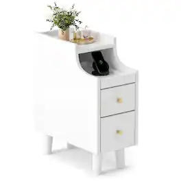 Gymax - Narrow Nightstand Solid Wood End Table w/ Pull-out Tray & 2 Storage Drawers Antique - White