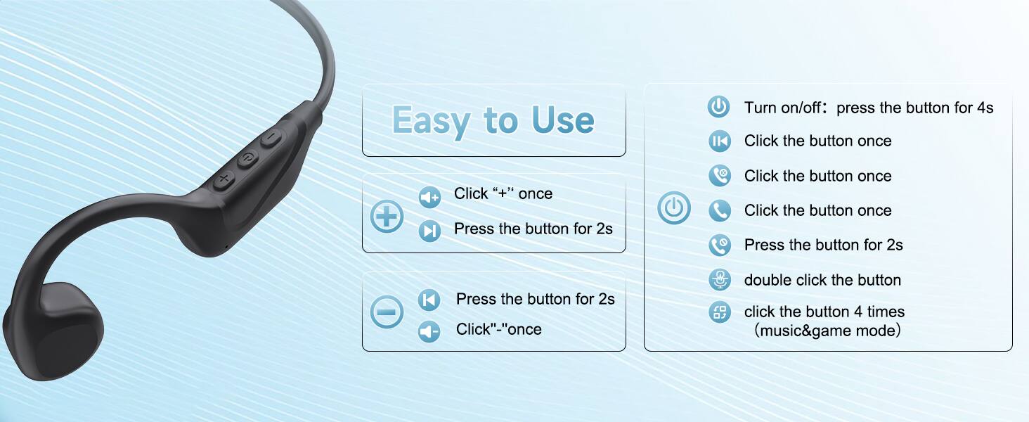 Easy to Use

Turn on/off: press the button for 4s

Click the button once

Click the button once

Press the button for 2s

Click the button once

Press the button for 2s

Click "-" once

Double click the button

Click the button 4 times (music&game mode)