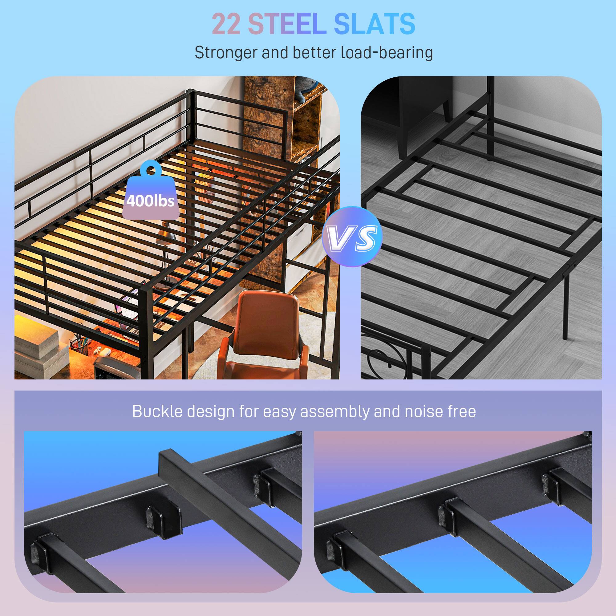 22 STEEL SLATS Stronger and better load-bearing 400lbs VS Buckle design for easy assembly and noise free