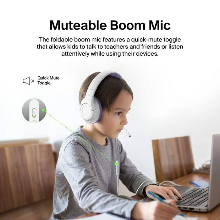 Muteable Boom Mic

The foldable boom mic features a quick-mute toggle that allows kids to talk to teachers and friends or listen attentively while using their devices.

Quick Mute X Toggle