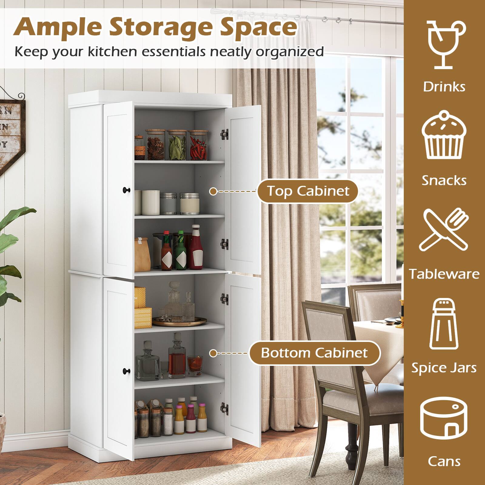 Ample Storage Space  
Keep your kitchen essentials neatly organized  

Top Cabinet  
- Drinks  
- Snacks  
- Tableware  

Bottom Cabinet  
- Spice Jars  
- Cans