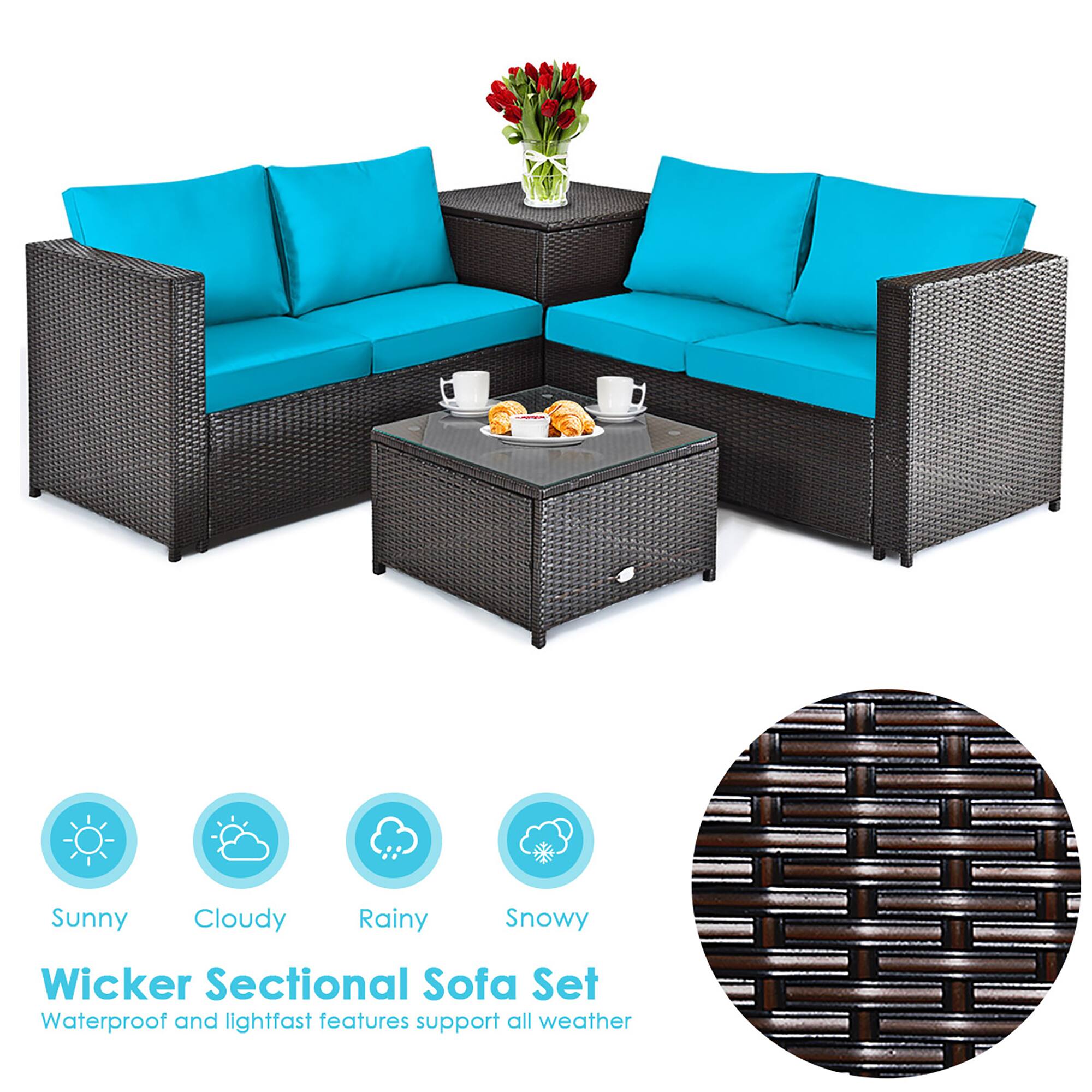 Sunny Cloudy Rainy Snowy Wicker Sectional Sofa Set Waterproof and lightfast features support all weather