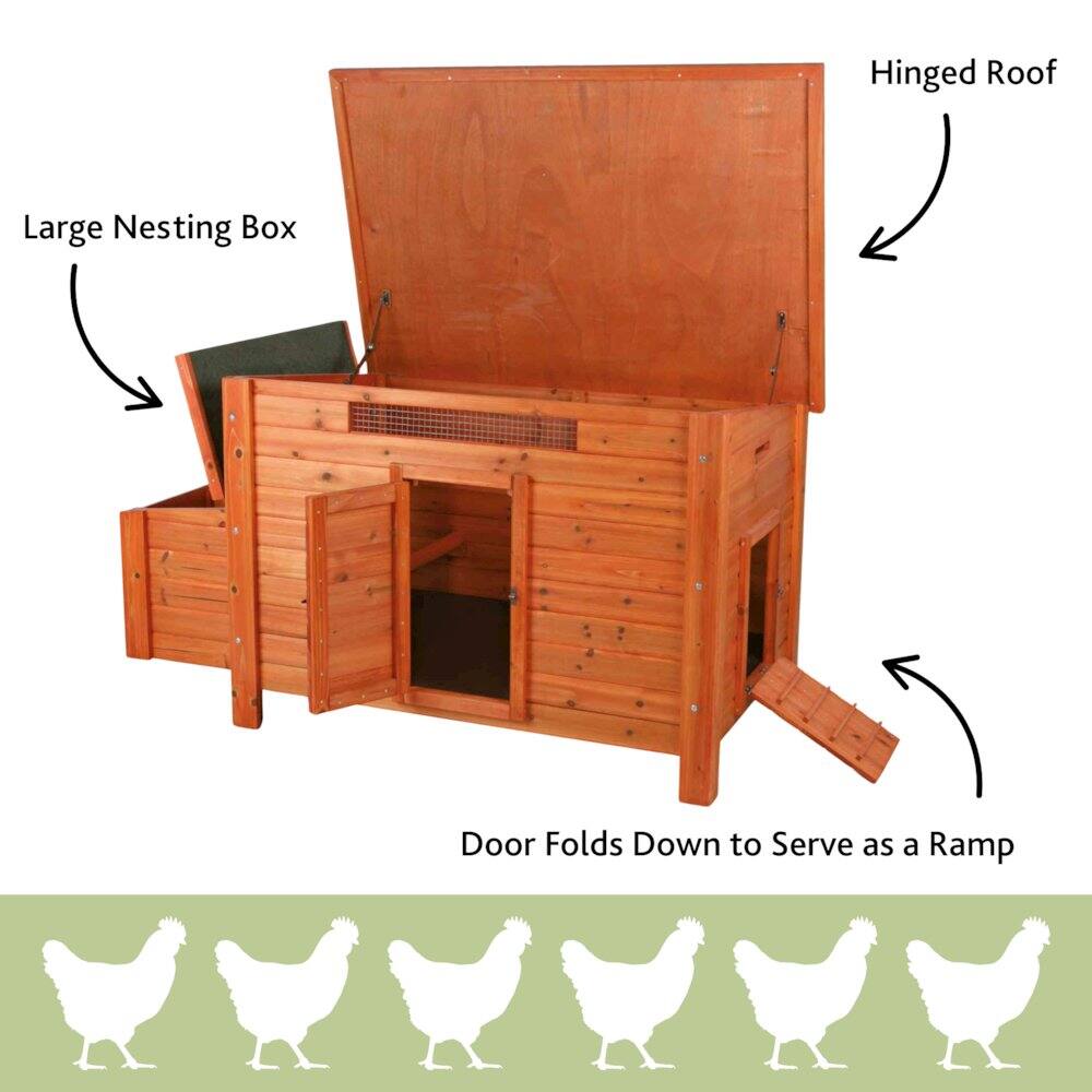 Hinged Roof  
Large Nesting Box  
Door Folds Down to Serve as a Ramp