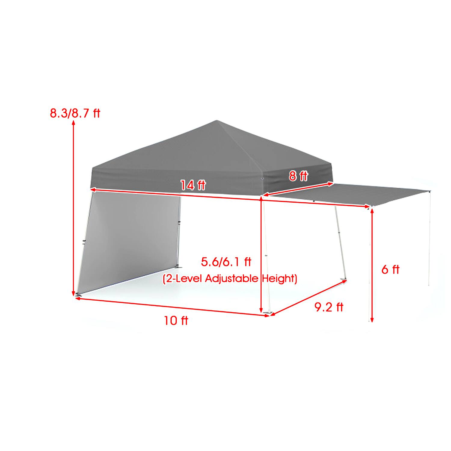 8.3/8.7 ft  
14 ft  
8 ft  
5.6/6.1 ft (2-Level Adjustable Height)  
6 ft  
10 ft  
9.2 ft