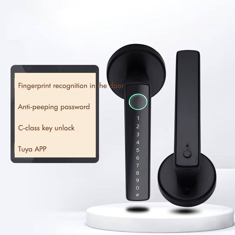 Fingerprint recognition in the door  
Anti-peeping password  
C-class key unlock  
Tuya APP  

1 2 3 4 5 6 7 8 9 0 9 6 7