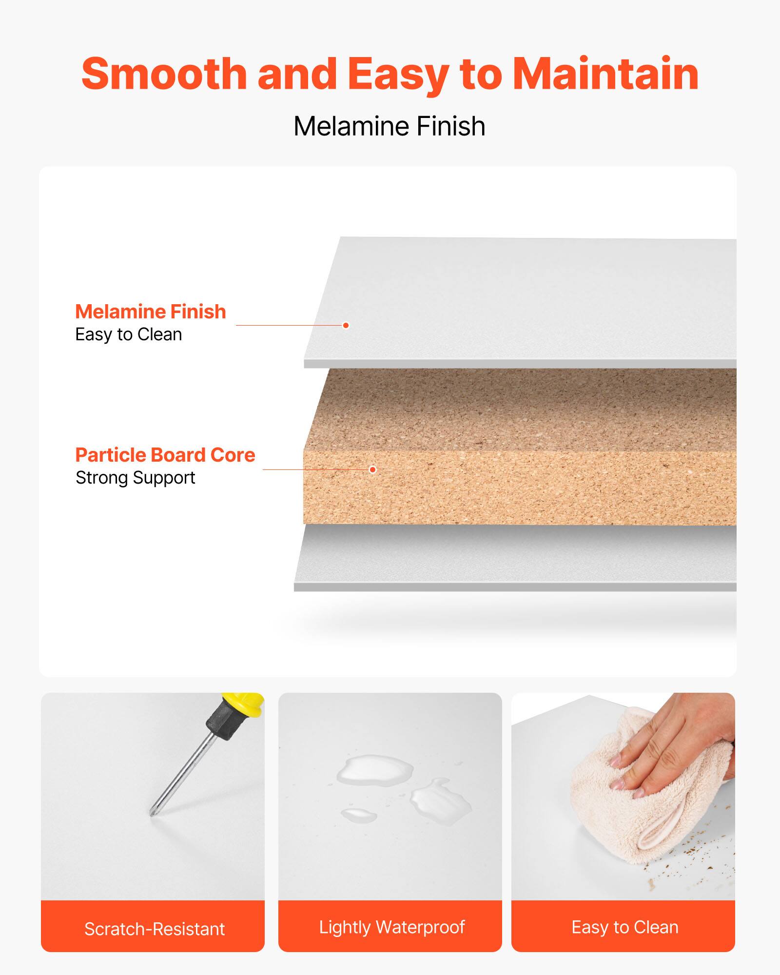 Smooth and Easy to Maintain  
Melamine Finish  
- Melamine Finish  
  - Easy to Clean  
- Particle Board Core  
  - Strong Support  
- Scratch-Resistant  
- Lightly Waterproof  
- Easy to Clean
