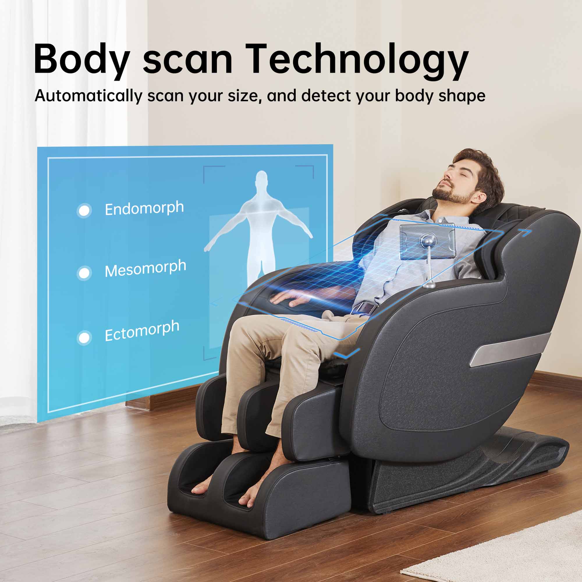 Body scan Technology  
Automatically scan your size, and detect your body shape  

- Endomorph  
- Mesomorph  
- Ectomorph