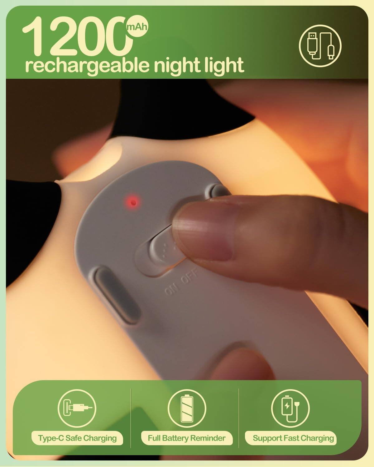 1200mAh rechargeable night light

- Type-C Safe Charging
- Full Battery Reminder
- Support Fast Charging