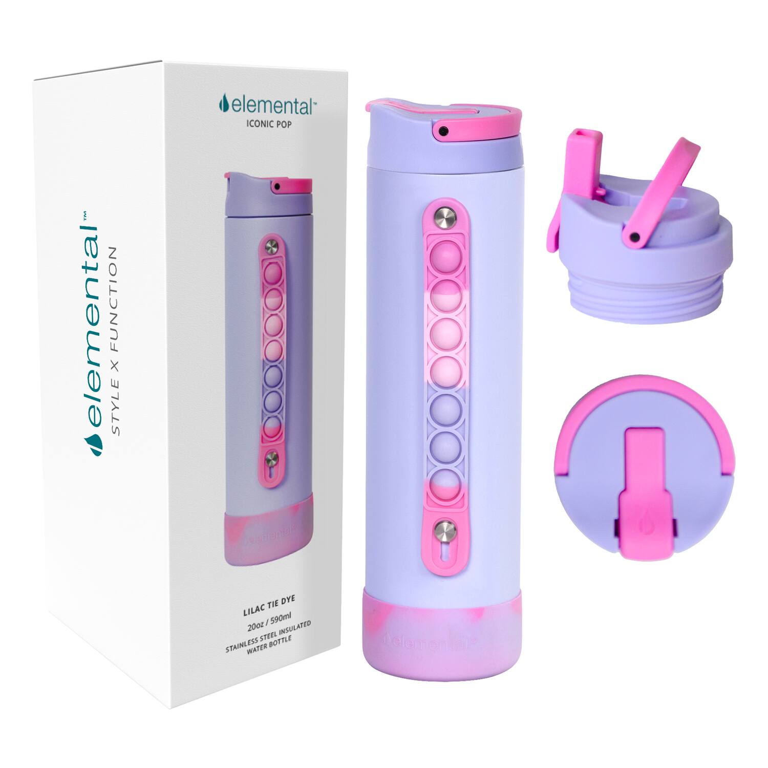 8 elemental FUNCTION x STYLE elemental ICONIC POP LILAC TIE DYE 20oz/590ml STAINLESS STEEL INSULATED WATER BOTTLE
