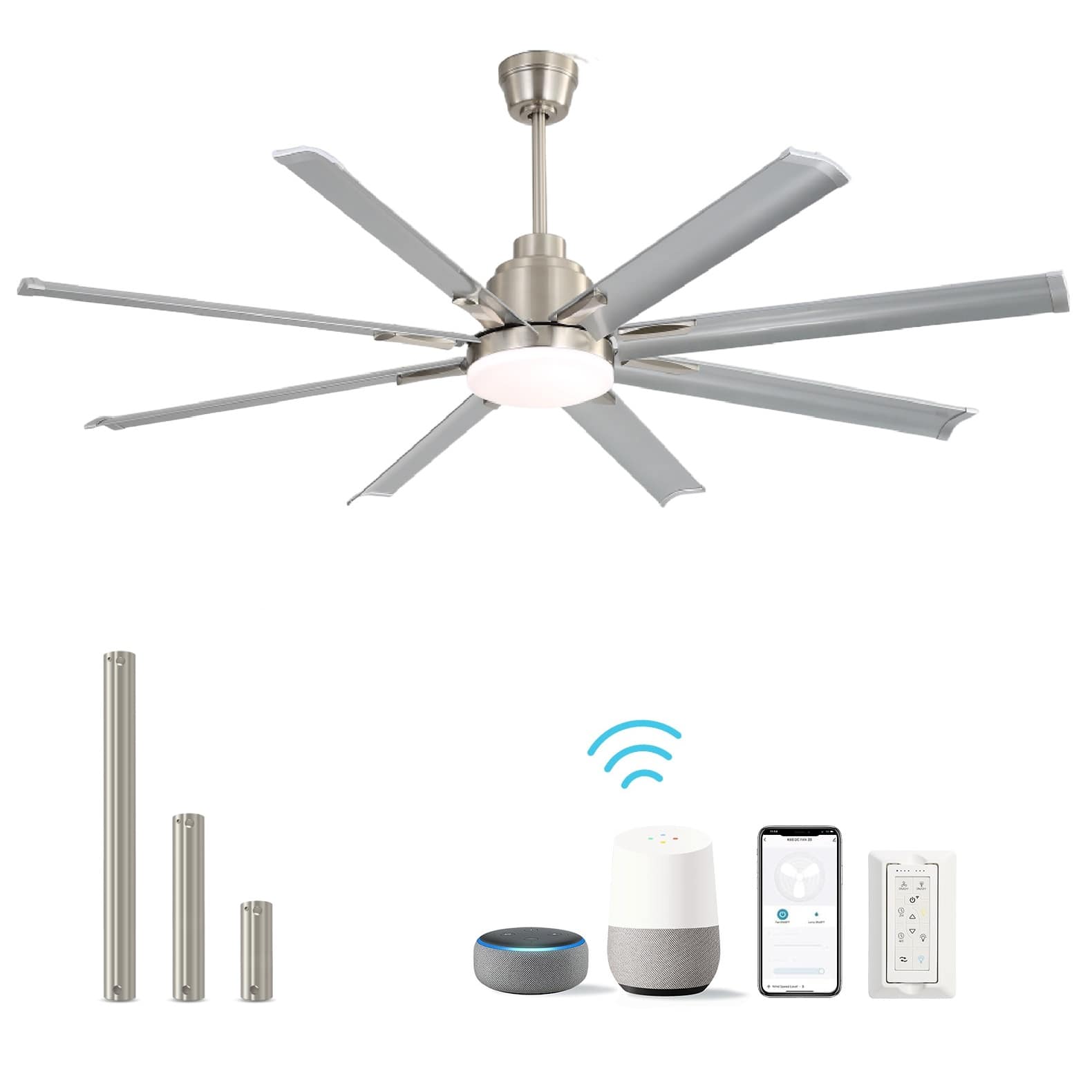 Front. Sofucor - Smart 72'' Nickel Ceiling Fan APP/Voice/Remote Control LED Light Reversible DC 6 Wind Speed Work with Google/Alexa - Nickel.