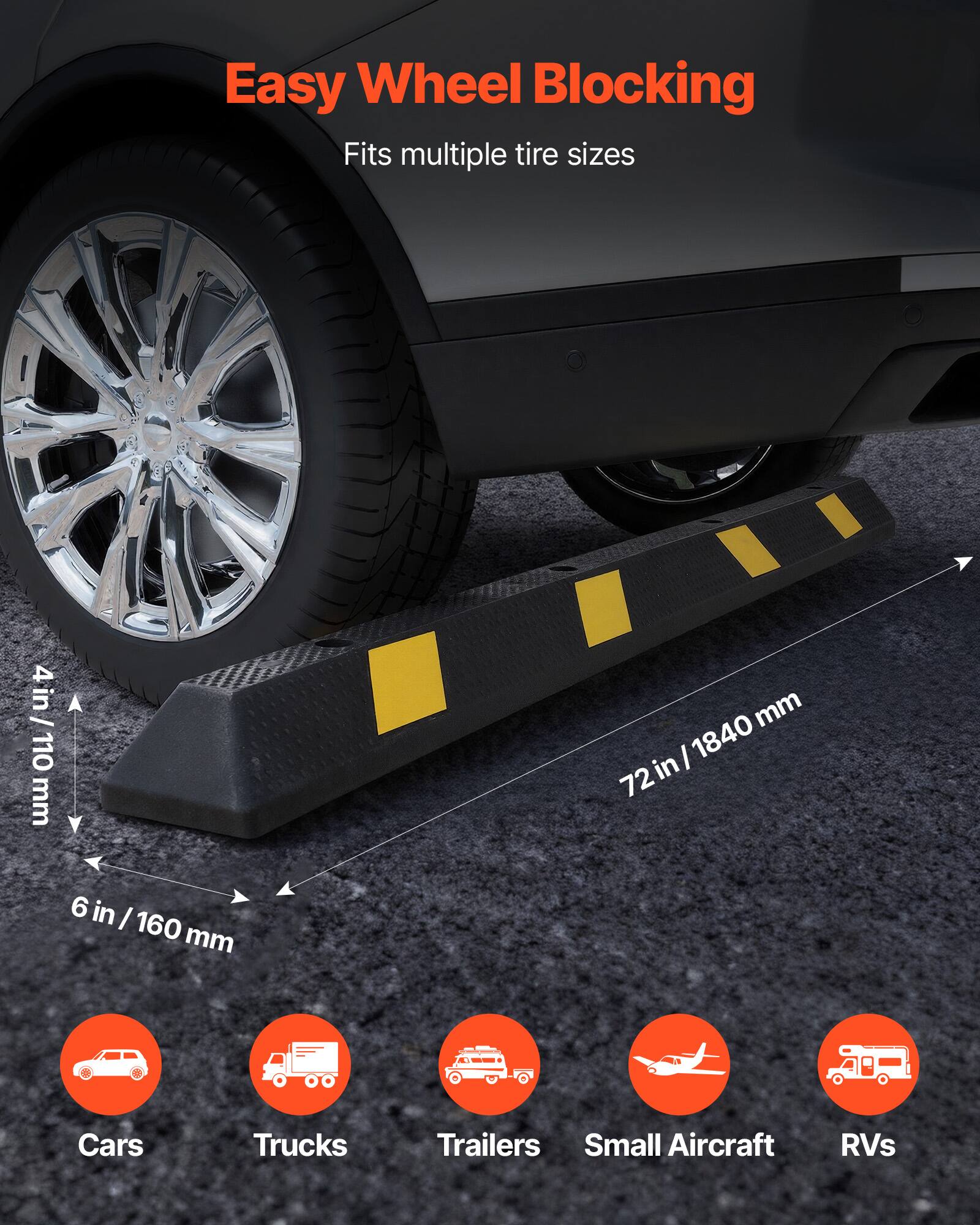 Easy Wheel Blocking  
Fits multiple tire sizes  
4 in / 110 mm  
6 in / 160 mm  
72 in / 1840 mm  
Cars  
Trucks  
Trailers  
Small Aircraft  
RVs