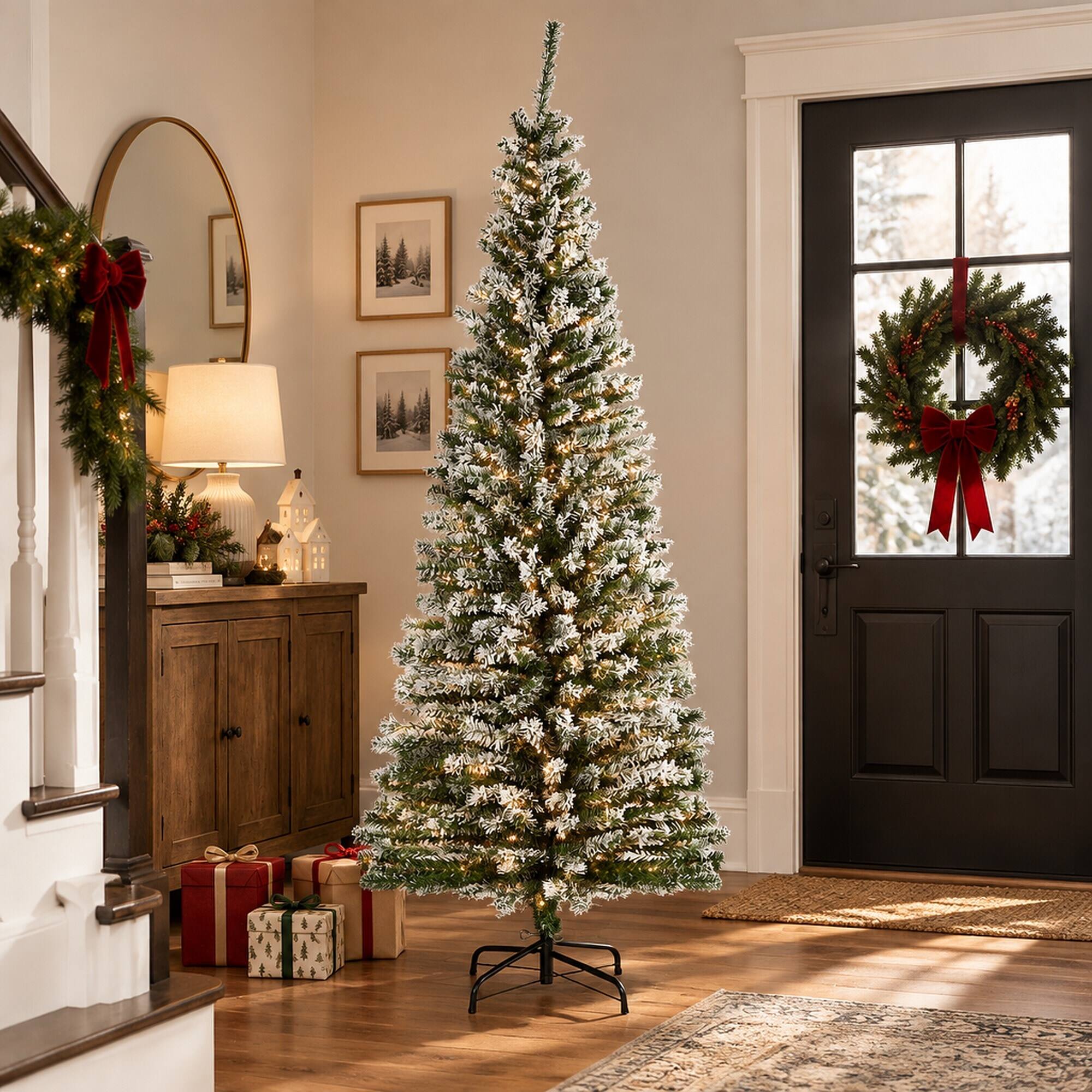 Alt View 1. RYHNUYNE - 6 Ft Unlit Snow Flocked Slim Artificial Christmas Tree With 492 Tips, Metal Stand Realistic Branches Holiday Decor - Green.