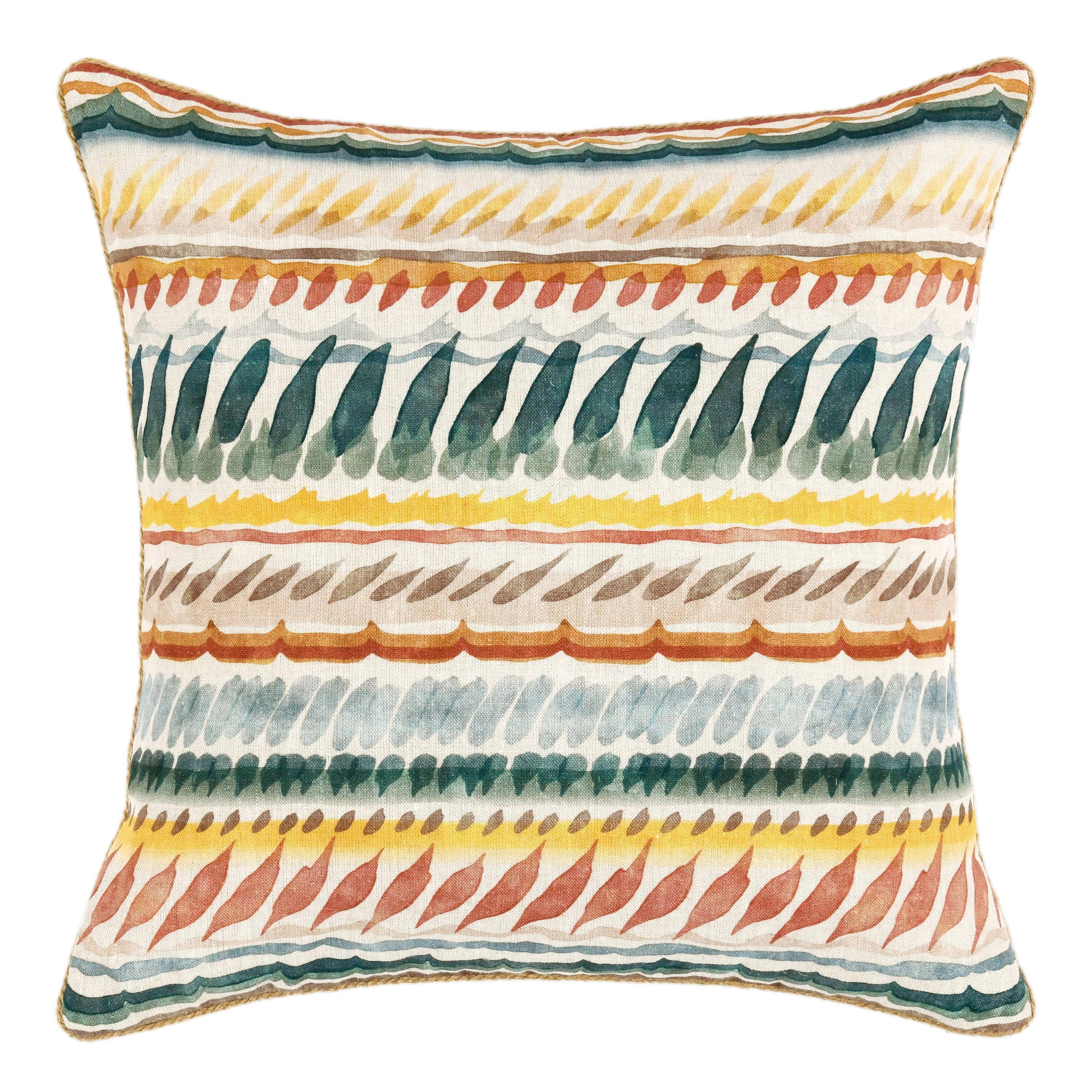 Front. Manhattan Lane - Square Accent Throw Pillow, 22 Inch, Hand Painted Pottery Design - Cream, Yellow, Red, Blue.