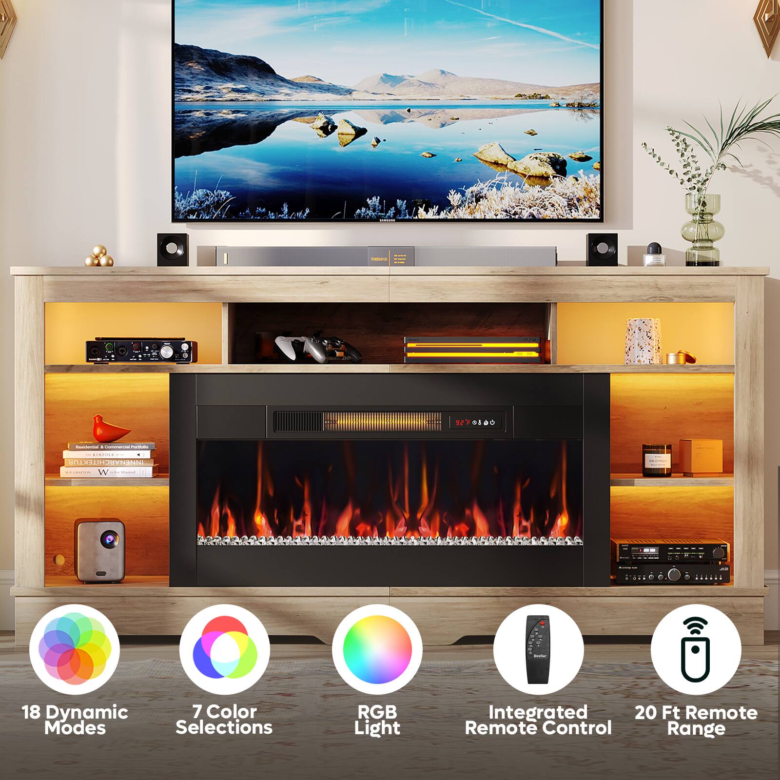 18 Dynamic Modes  
7 Color Selections  
RGB Light  
Integrated Remote Control  
20 Ft Remote Range