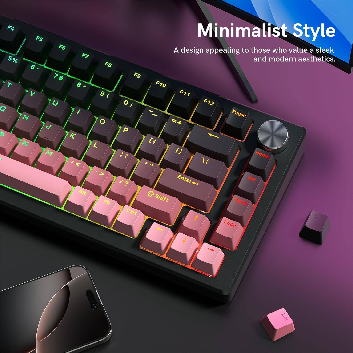 F4 F5 F6 F7 5% 6 F8 7& T 8 Y 9( ( U G I H O J B K N L M V > Alt Fn Minimalist Style A design appealing to those who value a sleek and modern aesthetics. F9 F10 F11 0) F12 Pause =+ P [{ 1} Home : 3  \I / Enter- Del  Shift PgUp Ctri t DE PgDn Del