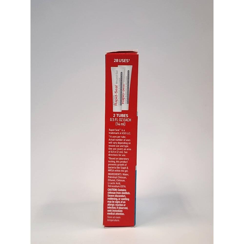 28 USES Gel Wound SOMO Seal Rapid Seal  
2 TUBES 0.5 FL OZ EACH (14 ml)  
Rapid Seal is a trademark of ASO LLC.  
134 uses per tube  
Actual number of uses will vary depending on wound size and type.  
One use covers an area of 0.8 in² (2 cm²).  
See directions for use.  
"Based on laboratory testing, this product prevents growth of bacteria like Staph & MRSA within the gel.  
INGREDIENTS: Water, Palmitoyl Chitosan, Ethanol, Chitosan, Lactic Acid, Tetrasodium EDTA  
CAUTION: Contains chitosan from shellfish.  
Severe discomfort, reddening, or swelling may be signs of an allergic reaction or infection; if observed, seek immediate medical attention.  
Store at room temperature.