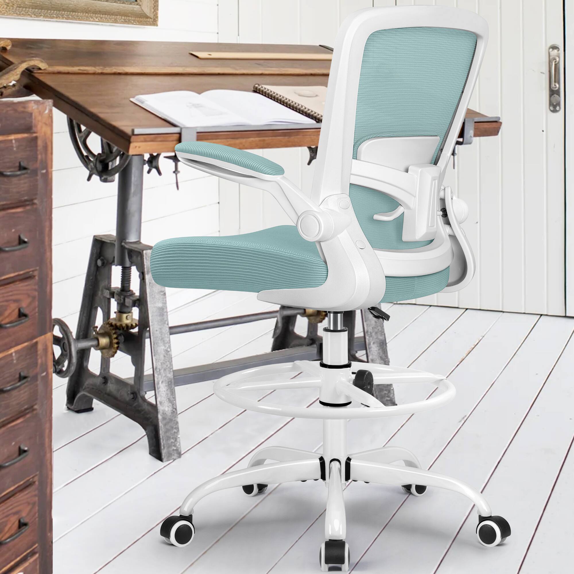 Left. Brick Attic - Drafting Chair, Tall Office Chair Ergonomic Desk Chair, Task Rolling Chair with Adjustable Flip-up Armrests Foot Ring - Light Blue.