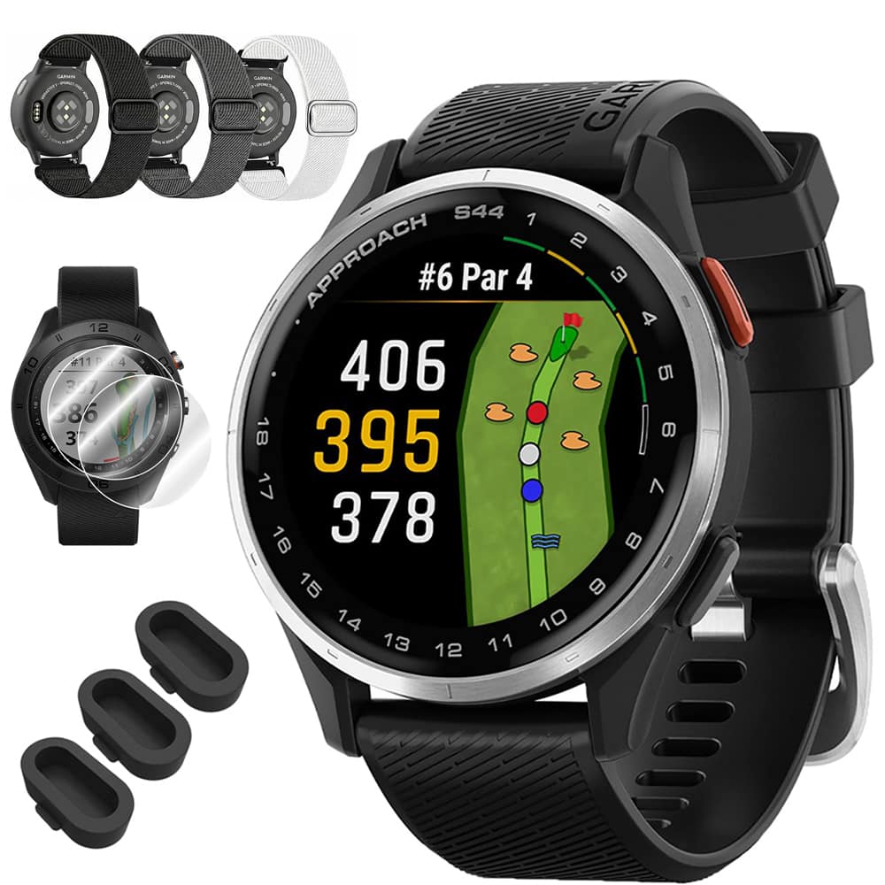 Garmin - Approach S44 GPS Golf Smartwatch, Silver Aluminum Bezel with Black Silicone Band + Accessories Bundle - Silver Aluminum|Black - (2025)