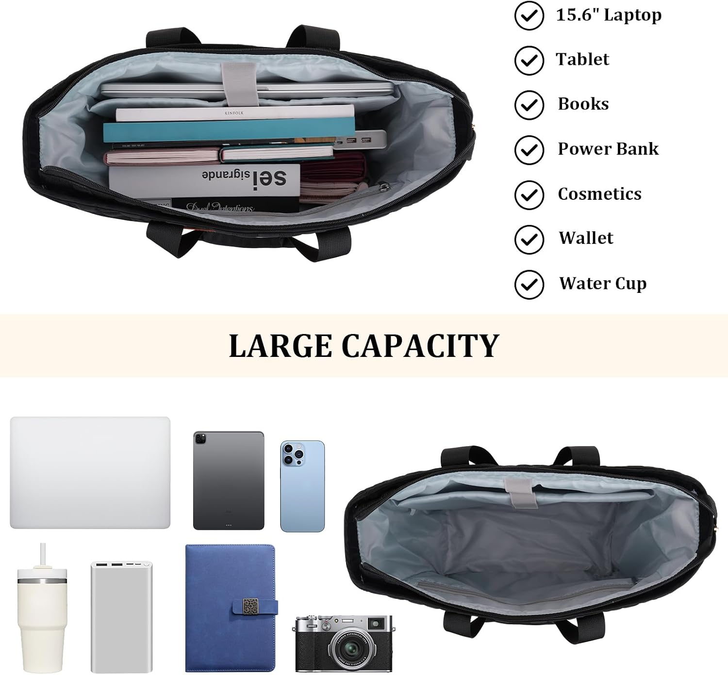 15.6" Laptop  
Tablet  
Books  
Power Bank  
Cosmetics  
Wallet  
Water Cup  
LARGE CAPACITY