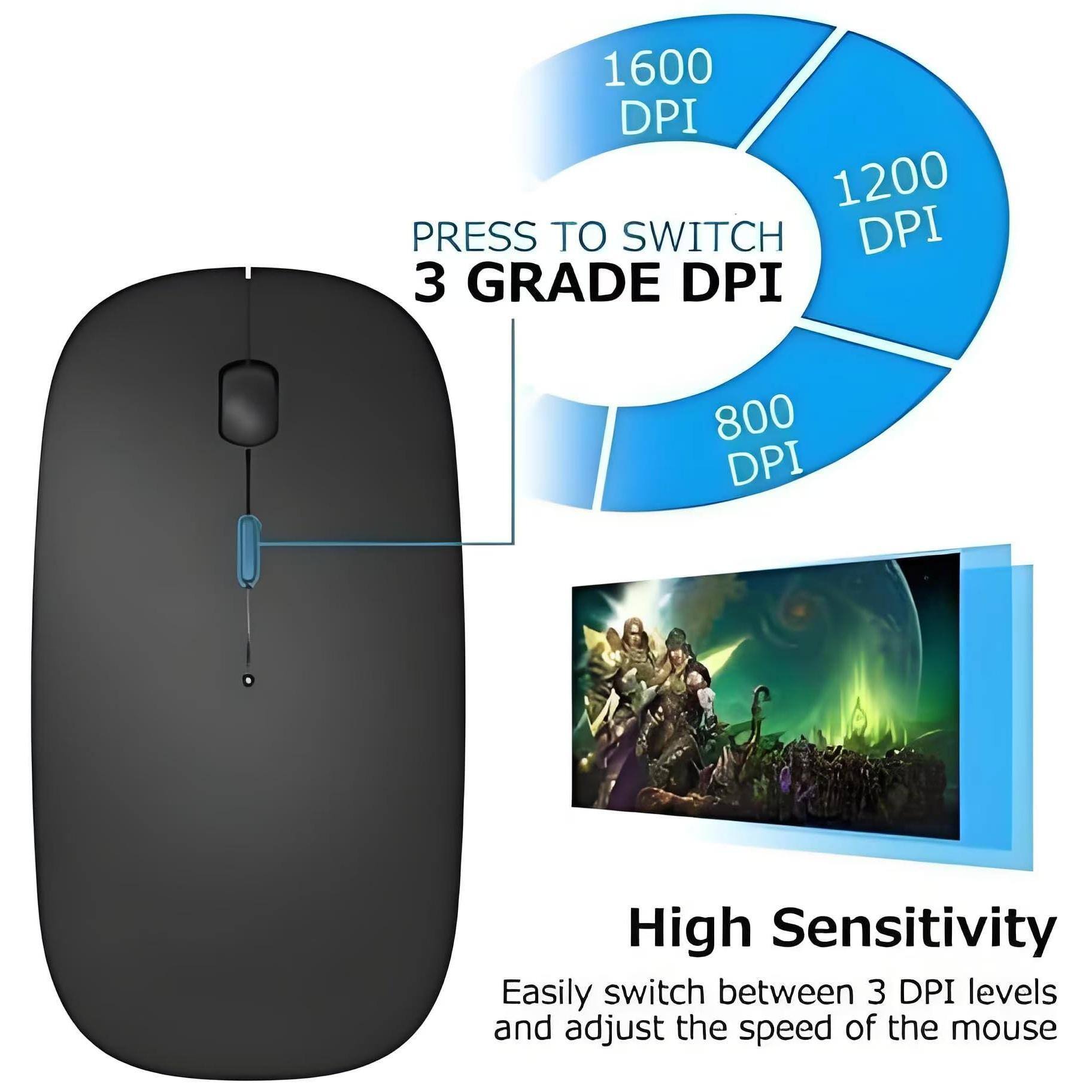 1600 DPI  
1200 DPI  
800 DPI  

PRESS TO SWITCH  
3 GRADE DPI  

High Sensitivity  
Easily switch between 3 DPI levels and adjust the speed of the mouse