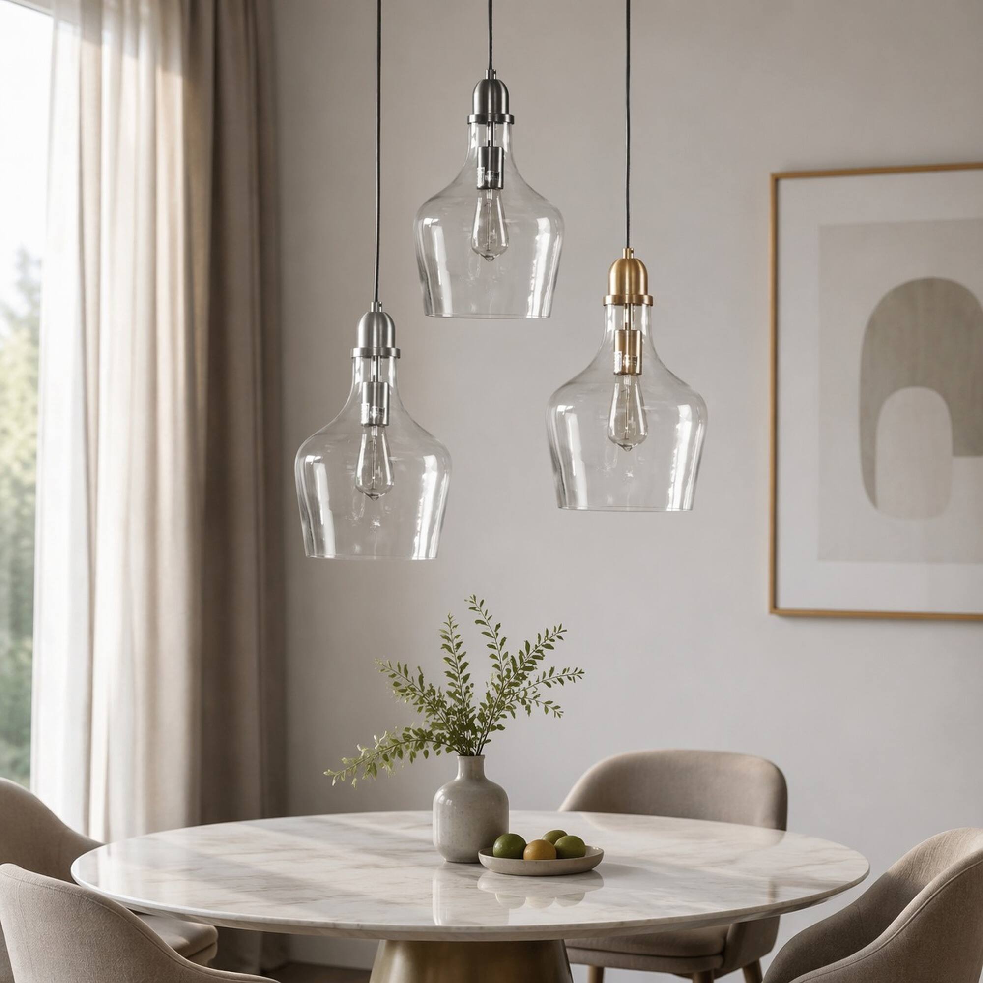 Left. RYHNUYNE - Industrial Bottle-Shaped Clear Glass Pendant Light, Gold Hanging Ceiling Light for Kitchen Island Dining Room Entryway - Gold.