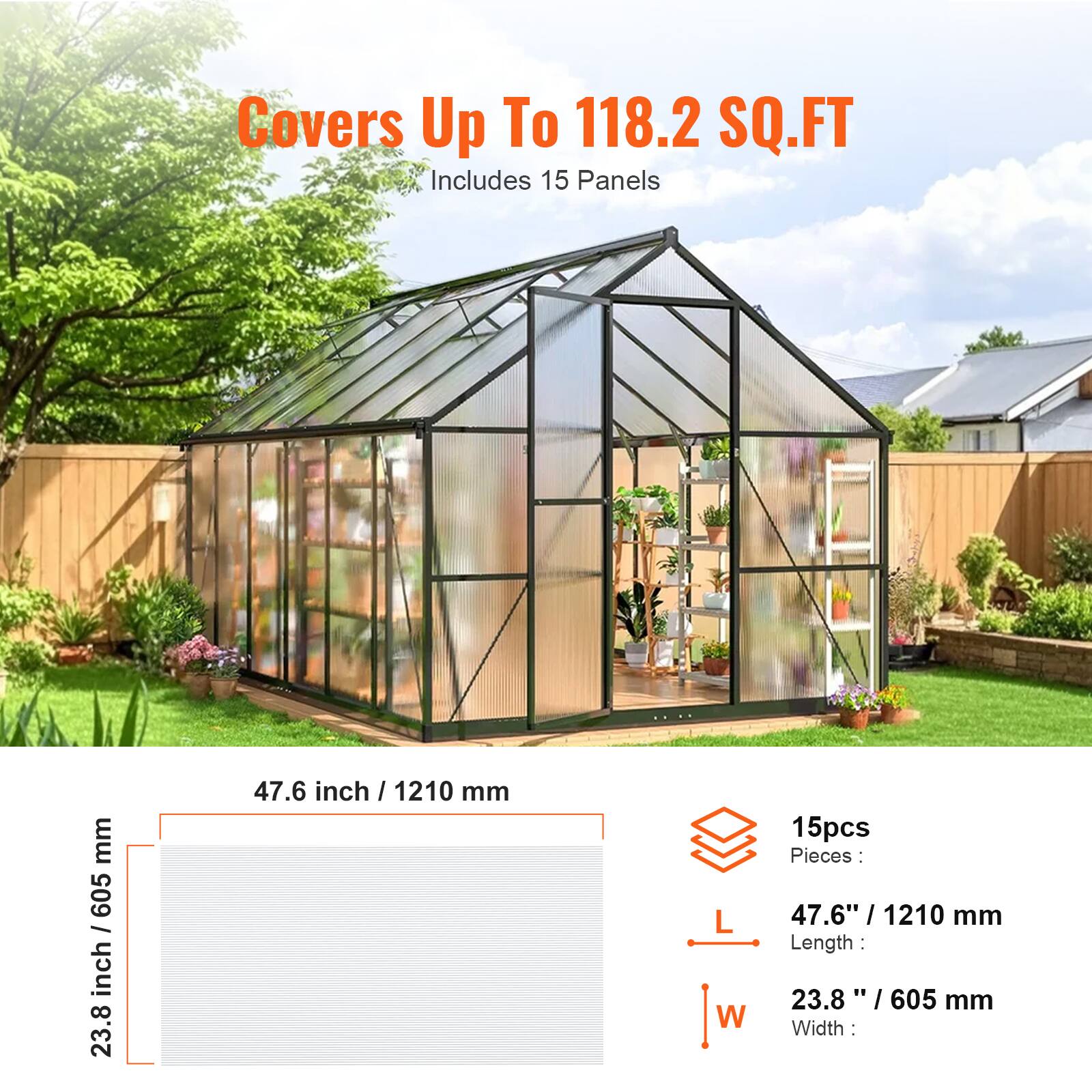 Covers Up To 118.2 SQ.FT  
Includes 15 Panels  
15pcs Pieces:  
- L 47.6" / 1210 mm  
- W 23.8" / 605 mm