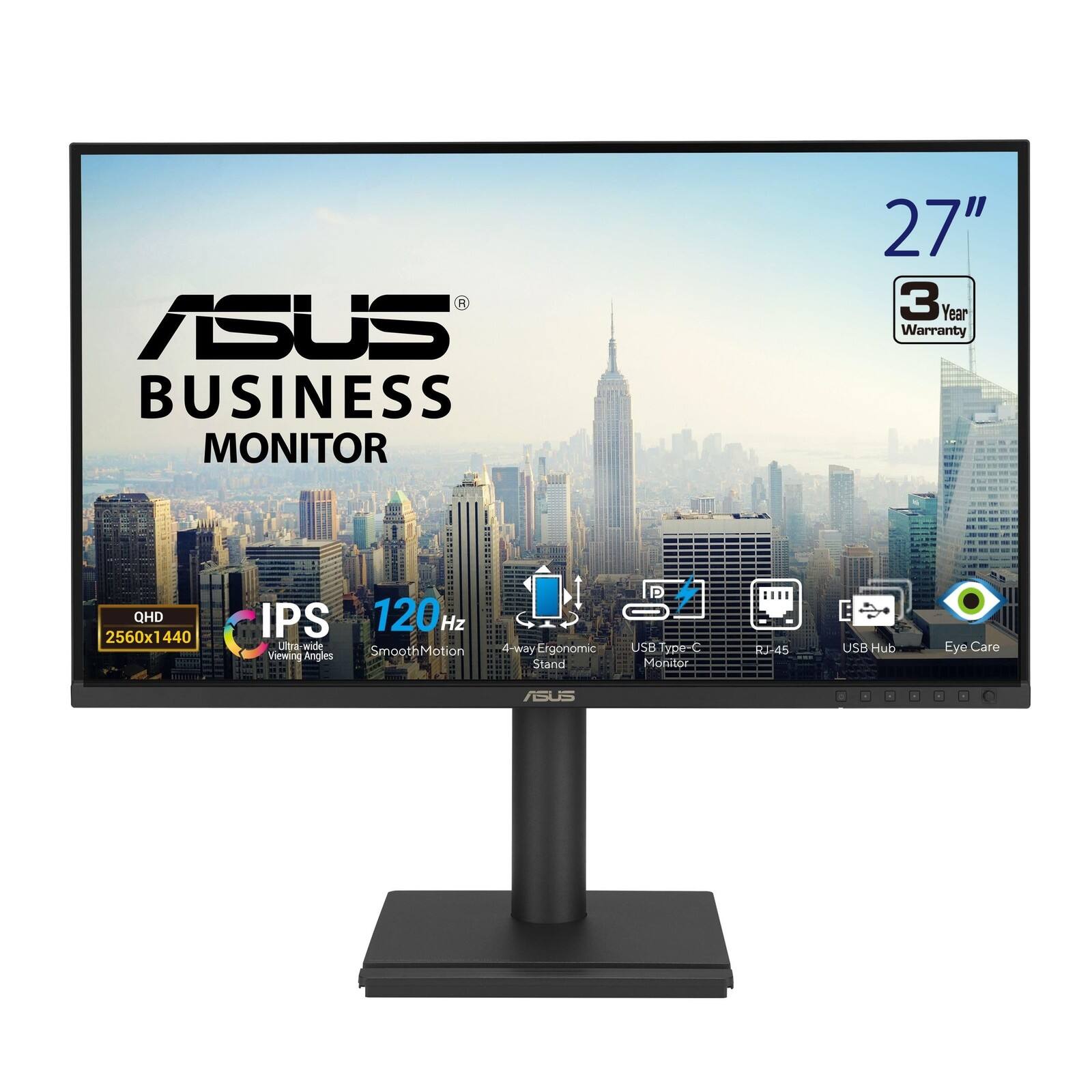 ASUS BUSINESS MONITOR 27" 3 Year Warranty QHD 2560x1440 440 IPS 120Hz Ultra-wide Viewing Angles 4-way Ergonomic Stand USB Type-C Monitor R3-45 USB Hub Eye Care