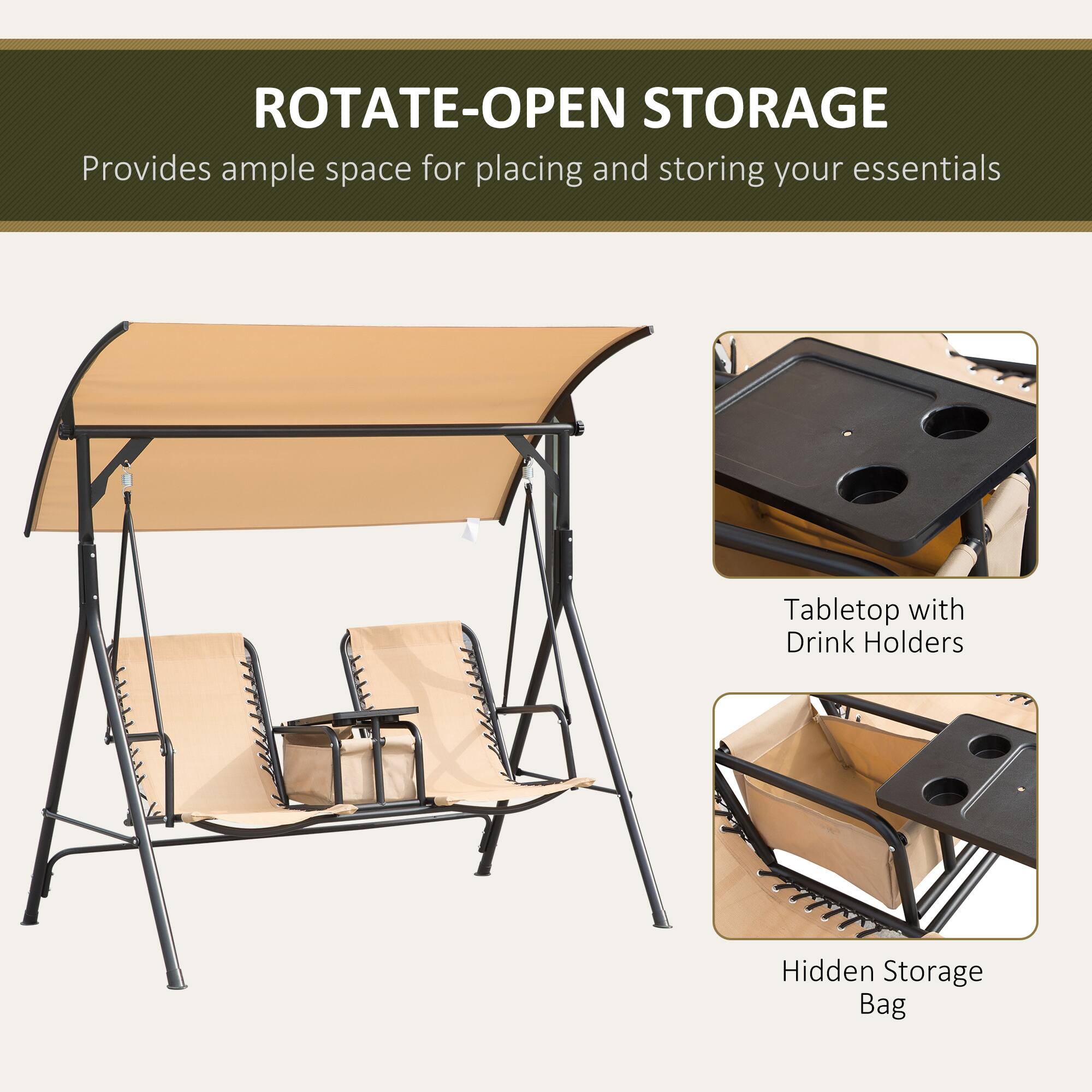ROTATE-OPEN STORAGE
Provides ample space for placing and storing your essentials
Tabletop with Drink Holders
Hidden Storage Bag