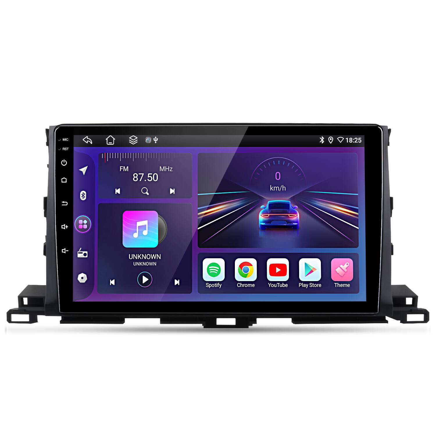 ANO 18:25 01  
FM MHz 87.50  
M 0 km/h  
+ d-  
UNKNOWN UNKNOWN  
H M  
Spotify Chrome YouTube Play Store Theme