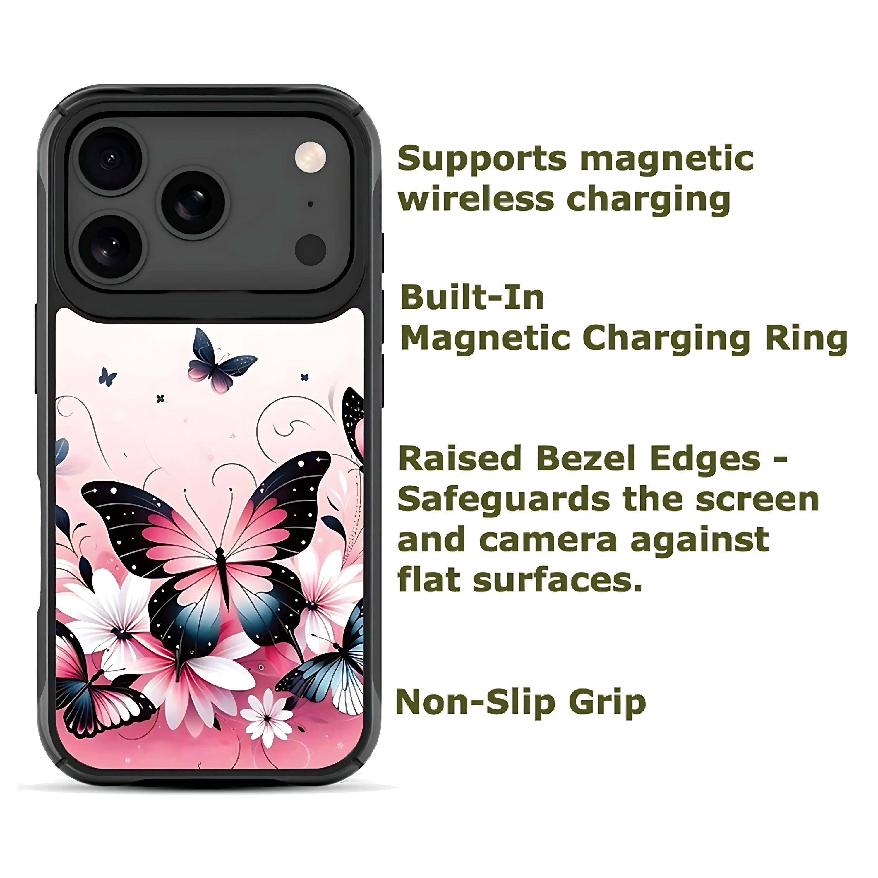 - Supports magnetic wireless charging
- Built-In Magnetic Charging Ring
- Raised Bezel Edges - Safeguards the screen and camera against flat surfaces.
- Non-Slip Grip