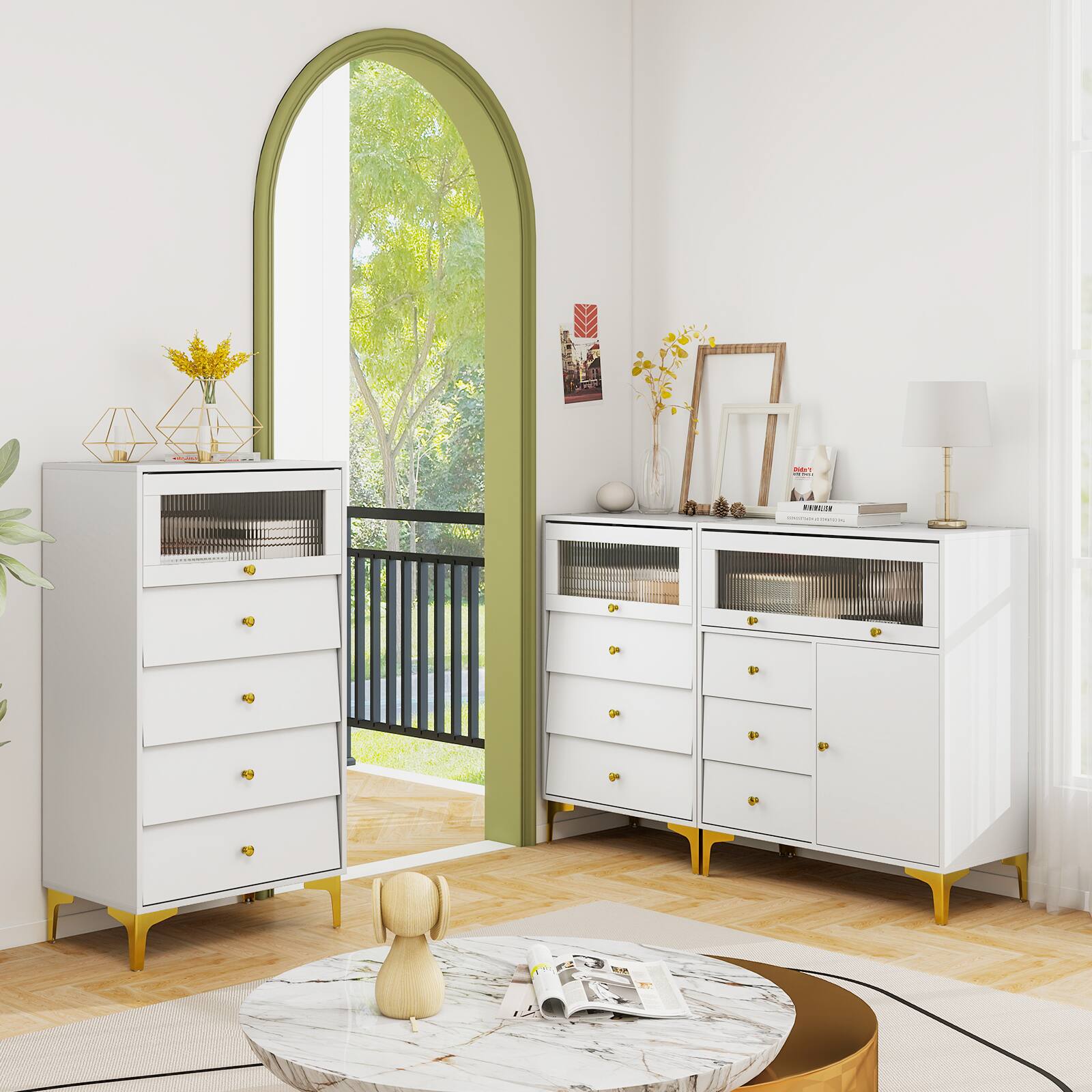 Alt View 3. Gymax - Gymax 37.5'' Tall Dresser Chest of Drawers w/ Flip-up Fluted Glass Door 2 Cabinets - Grey, White.