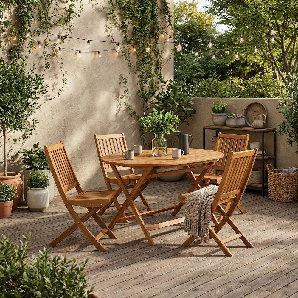 Alt View 3. Outdoor Escape - Wooden 5-Piece Outdoor Dining Set with 4 Slatted Back Chairs and Coffee Table - Natural Oil.