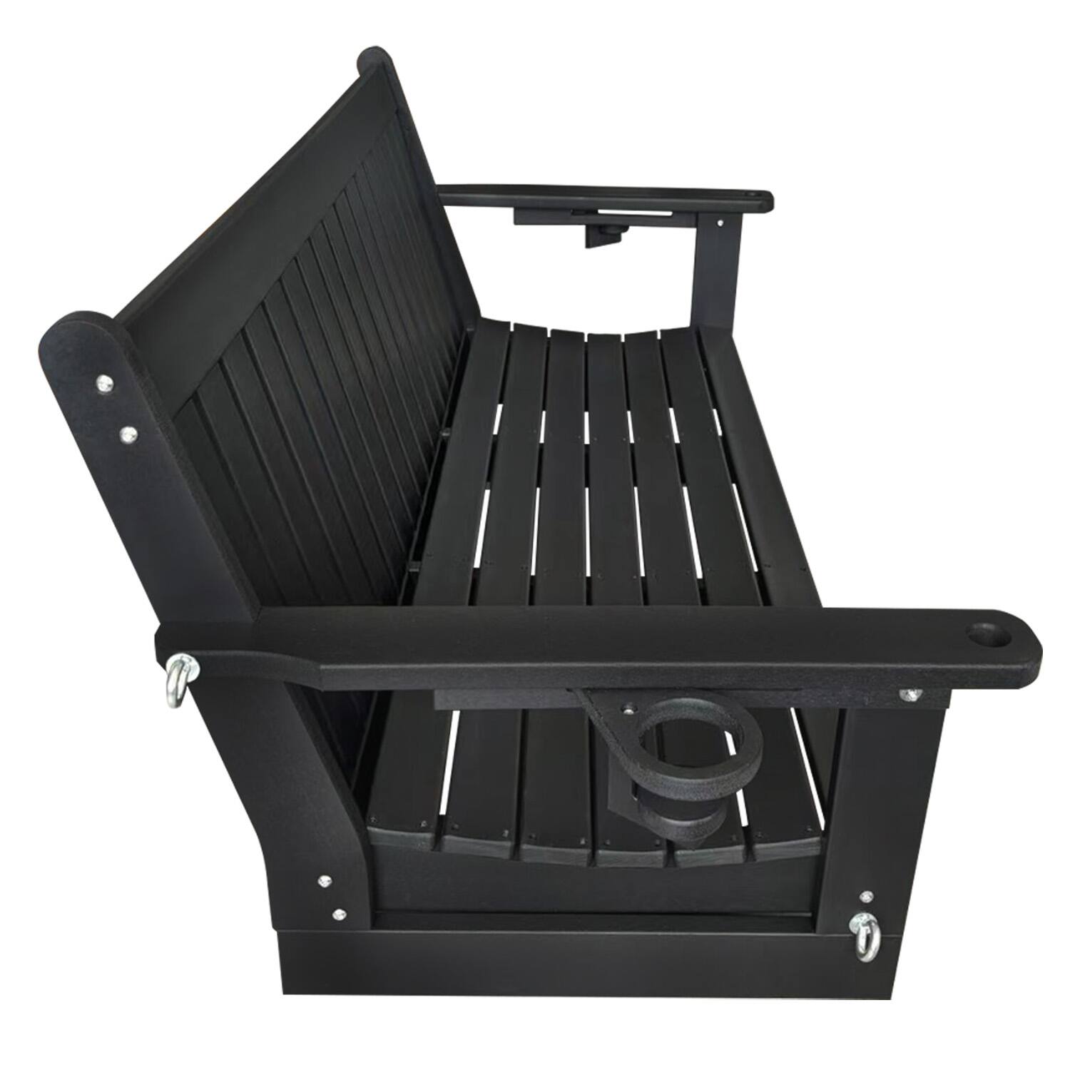 Alt View 4. Fortune Candy - HDPE 5 ft Porch Swing Bench with Cupholders, High Backrest and Deep Contoured Seat for Outdoor Patio Garden (3-Seater) - Black.