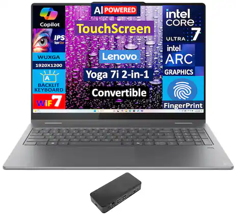 Sure, here is the corrected and grouped text from the image:
- **AI POWERED**
- **Copilot**
- **TouchScreen**
- **IPS**
- **Super Clear**
- **WUXGA**
- **1920X1200**
- **BACKLIT KEYBOARD**
- **Wi-Fi 7**
- **Lenovo**
- **Yoga 7i 2-in-1**
- **Convertible**
- **intel CORE 7**
- **ULTRA**
- **intel ARC GRAPHICS**
- **FingerPrint**