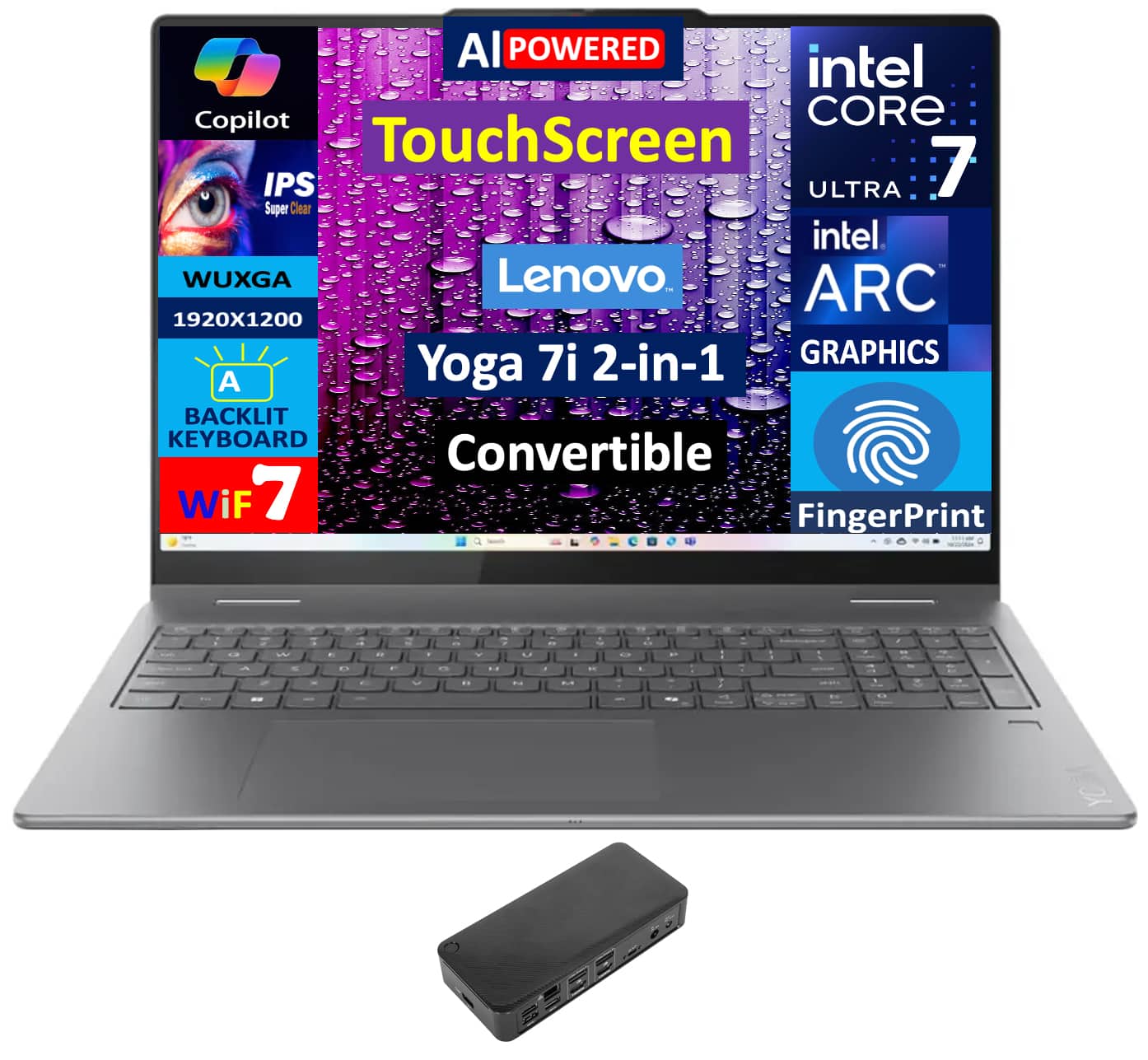 Lenovo - Yoga 7i 2-in-1 Laptop 16.0 WUXGA (Intel Ultra 7-256V, 16GB LPDDR5X, 1TB M.2 PCIe SSD, Win 11 Pro) - Luna Grey