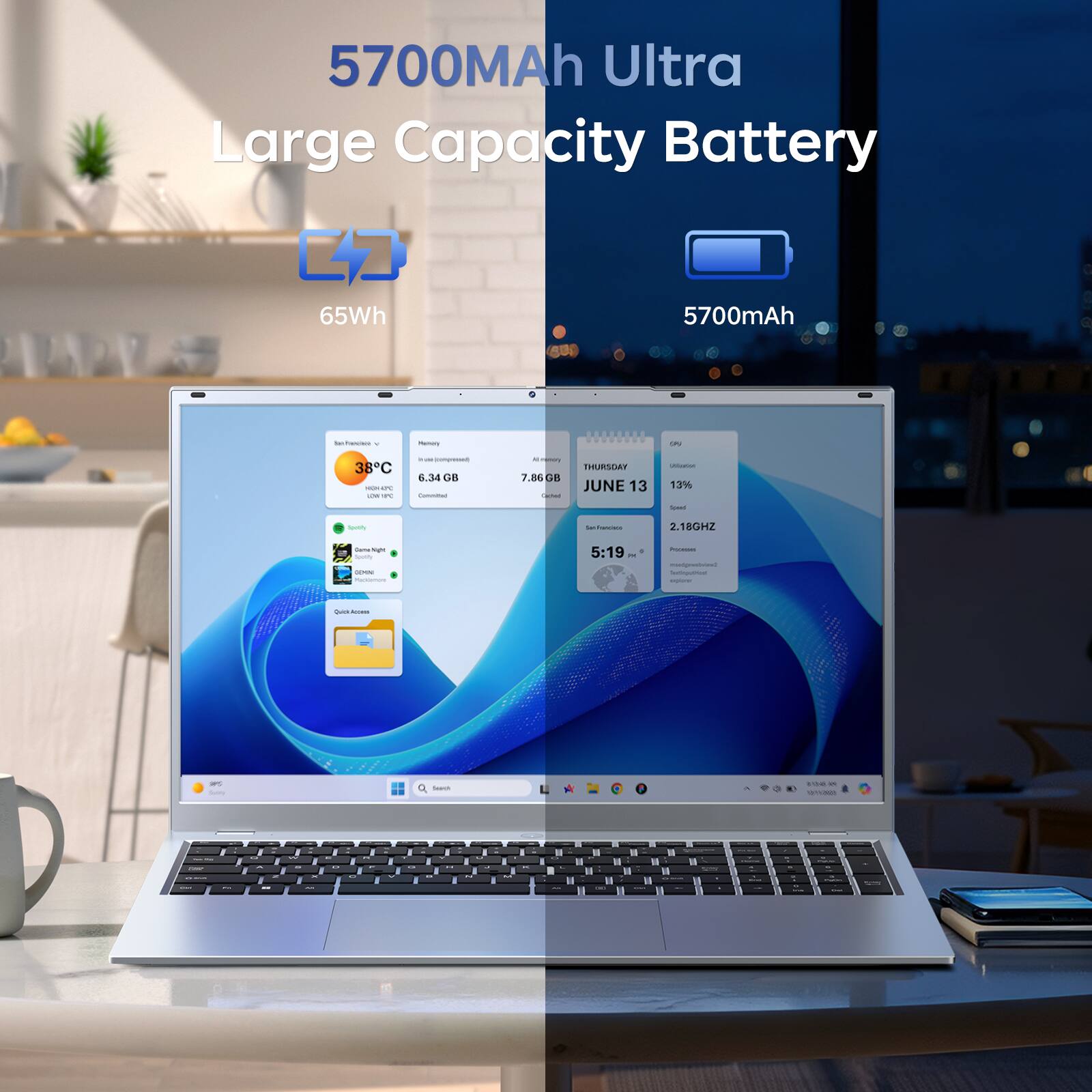 5700mAh Ultra Large Capacity Battery  
65Wh  
5700mAh  
38°C - PC - n  
Memory  
6.34 GB Committed  
THURSDAY 7.86 GB JUNE 13 active  
Ulturior 13%  
2.18GHZ  
5:19 + 4  
Processes mangevesniviews TextingputHeet egioar  
Quick Bucess  
1/54) 0100