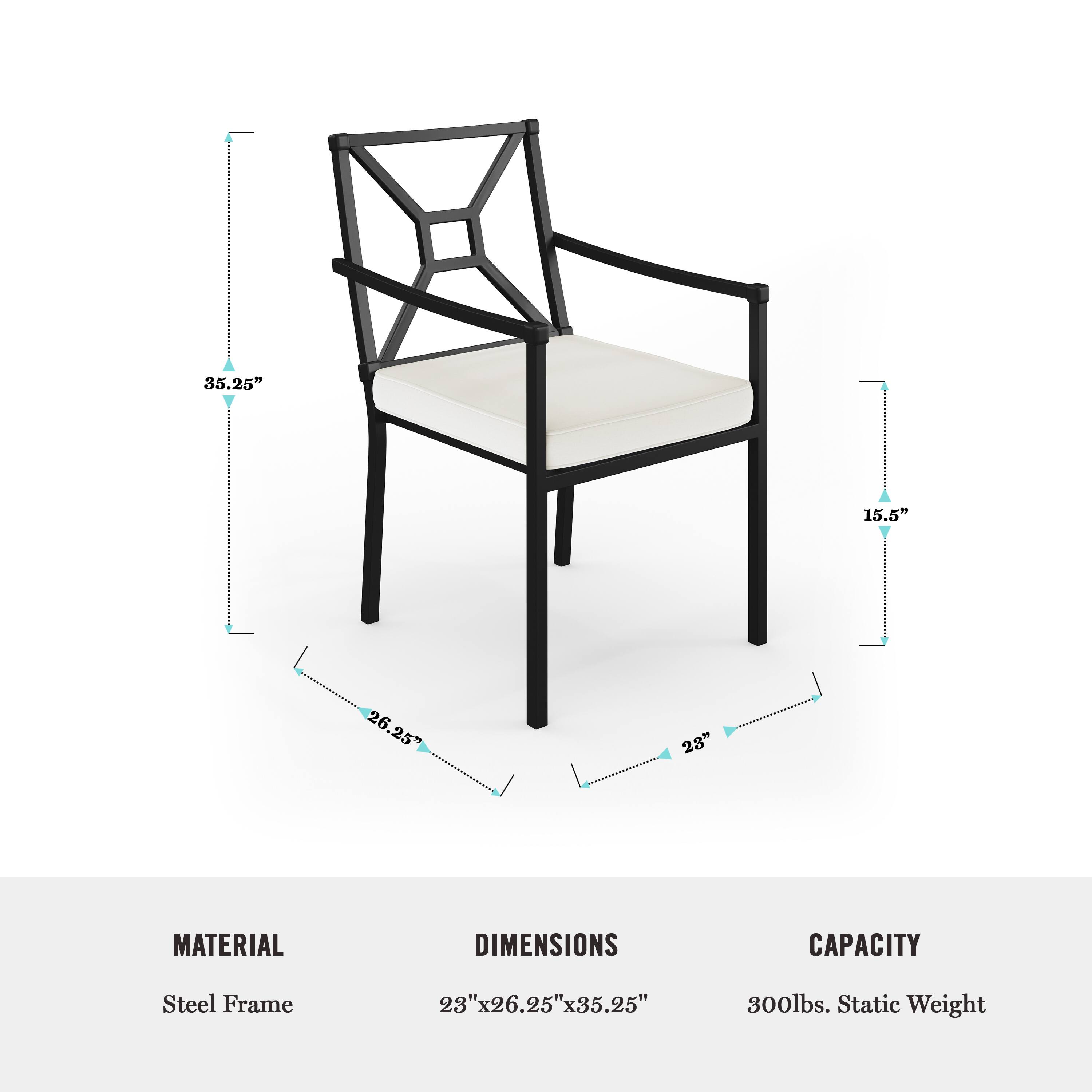 The text on the image is grouped and corrected as follows:

Material: Steel Frame
Dimensions: 23" x 26.25" x 35.25"
Capacity: 300lbs. Static Weight