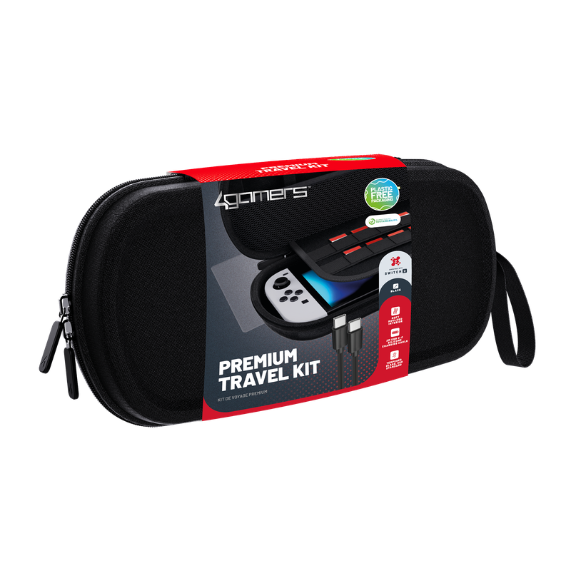 Sure, here is the corrected and grouped text from the image:

---

**4Gamers**

**PREMIUM TRAVEL KIT**

**PLASTIC FREE**

**SWITCH**

**KIT DE VOYAGE PRÉMIUM**

---

**Features:**

- **PLASTIC FREE** (with a leaf icon)

- **SWITCH** (with a Nintendo Switch icon)

- **PREMIUM TRAVEL KIT** (with a suitcase icon)

- **KIT DE VOYAGE PRÉMIUM** (with a suitcase icon)

---

**Additional Icons:**

- **Red and black icons** (possibly indicating other features or certifications)

---

**Brand:**

- **4Gamers**

---

**Note:** The text "TRAVLRTT Zgamers PLASTIC FREE PARICAL - - TTEN 1 - .... PREMIUM KIT TRAVEL VOTADE PELAILM a DE ./ bd 2 S D REA 1 oe  S S - HEN  cidas  S FaS Nin" seems to be a mix of characters and does not correspond to the text on the image.