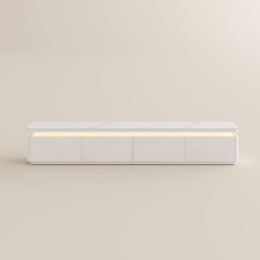 Alt View 8. POVISON - 95" Fully Assembled White Glossy Sintered Stone Mid-Century TV Stand with LED Lights and Drawers for 65 to 75 In TVs - White MDF.