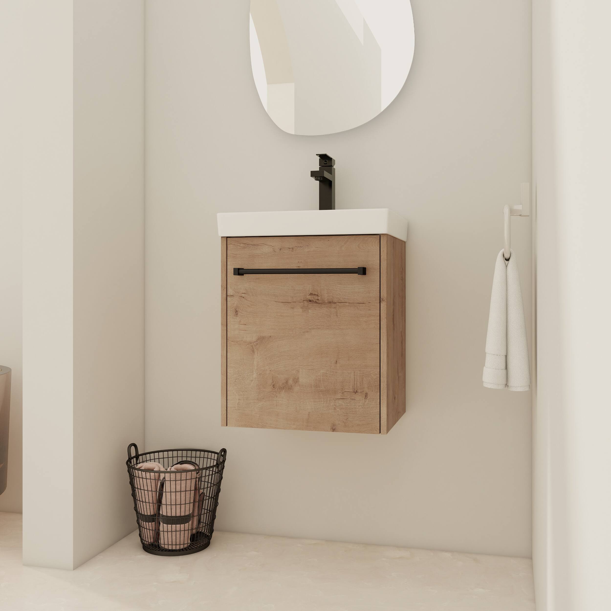 Front. ELEMENT ACE - 18-Inch Floating Bathroom Vanity with Ceramic Sink and Soft-Close Cabinet Door for Compact Spaces - Imitative Oak.