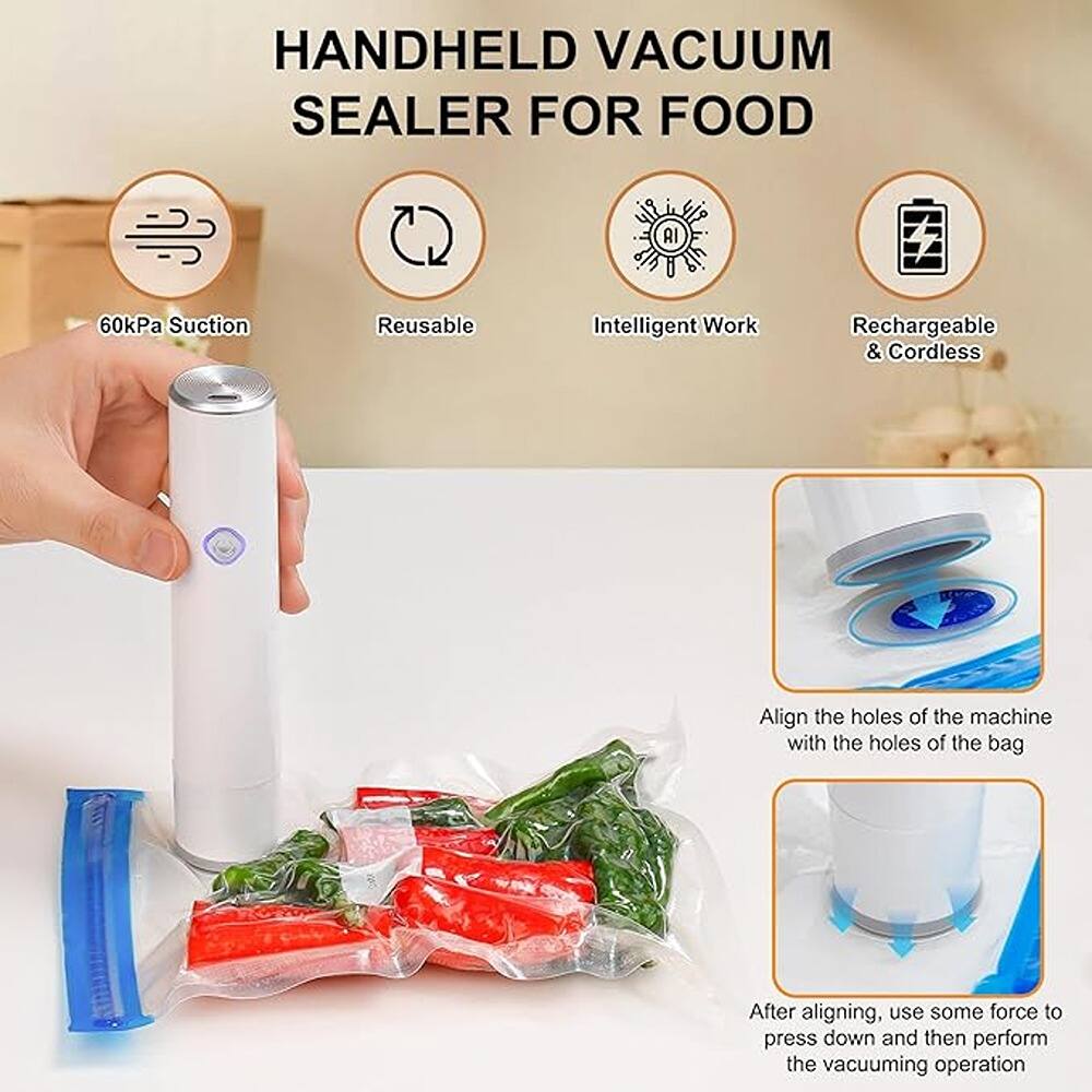 HANDHELD VACUUM SEALER FOR FOOD

- 60kPa Suction
- Reusable
- Intelligent Work
- Rechargeable & Cordless

Align the holes of the machine with the holes of the bag

After aligning, use some force to press down and then perform the vacuuming operation