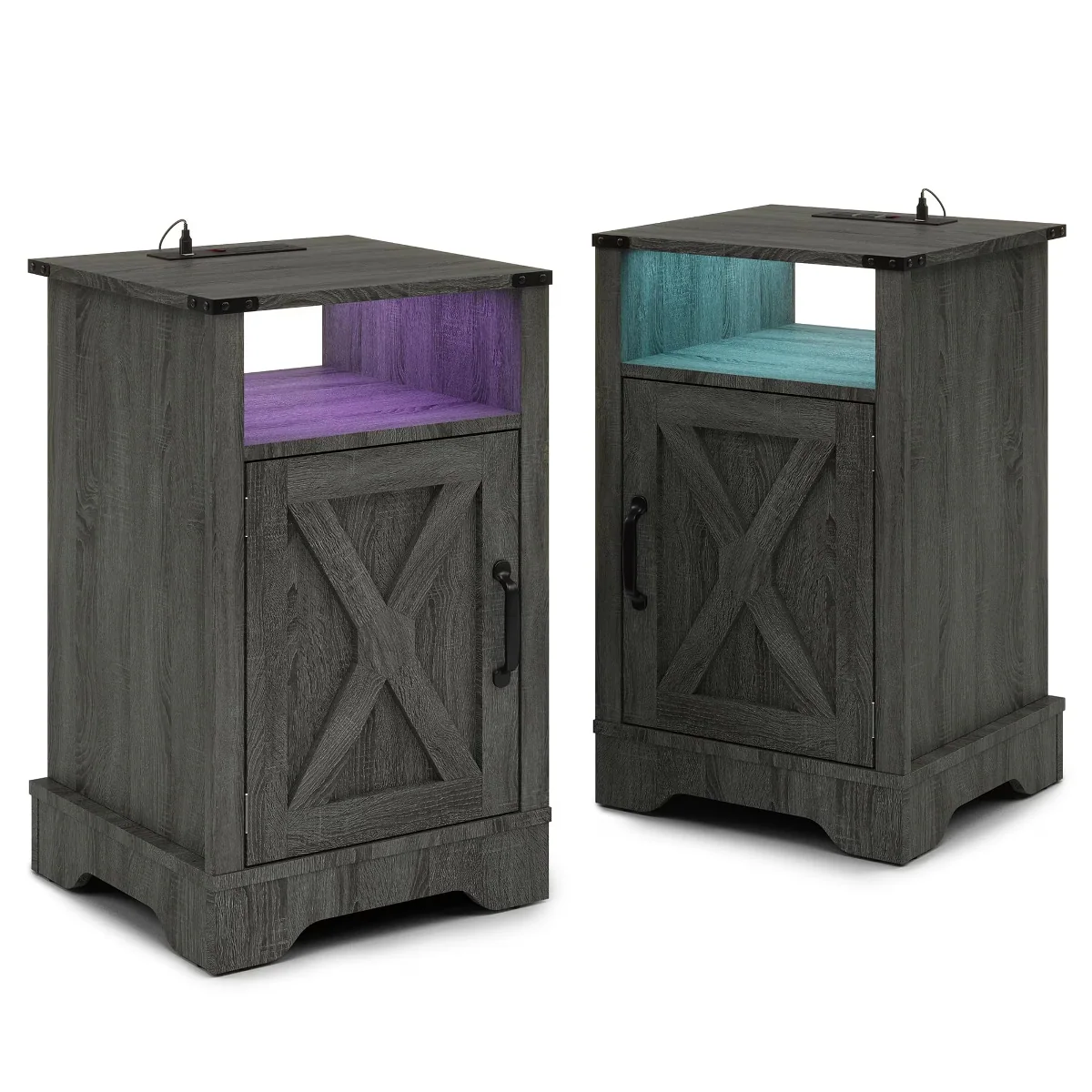 Front. Loheer - Loheer LED Nightstand Set of Two with RGB Lights, Charging Station, Cabinet and Open Shelf, Dark Gray - Dark Gray.