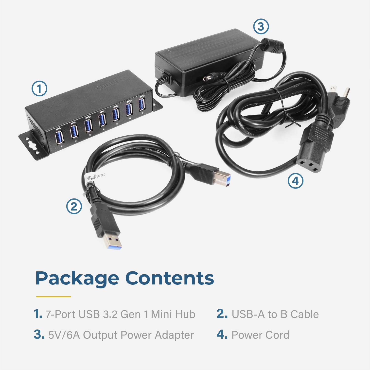 3 1 coolgita 4 2 Package Contents  
1. 7-Port USB 3.2 Gen 1 Mini Hub  
2. USB-A to B Cable  
3. 5V/6A Output Power Adapter  
4. Power Cord