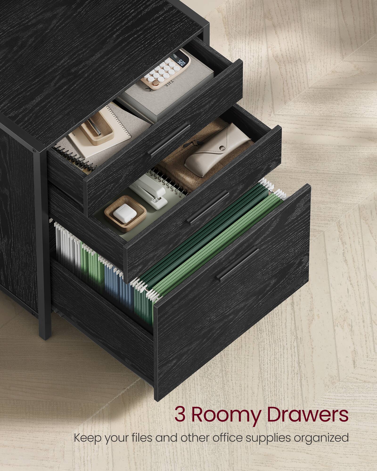 3 Roomy Drawers  
Keep your files and other office supplies organized