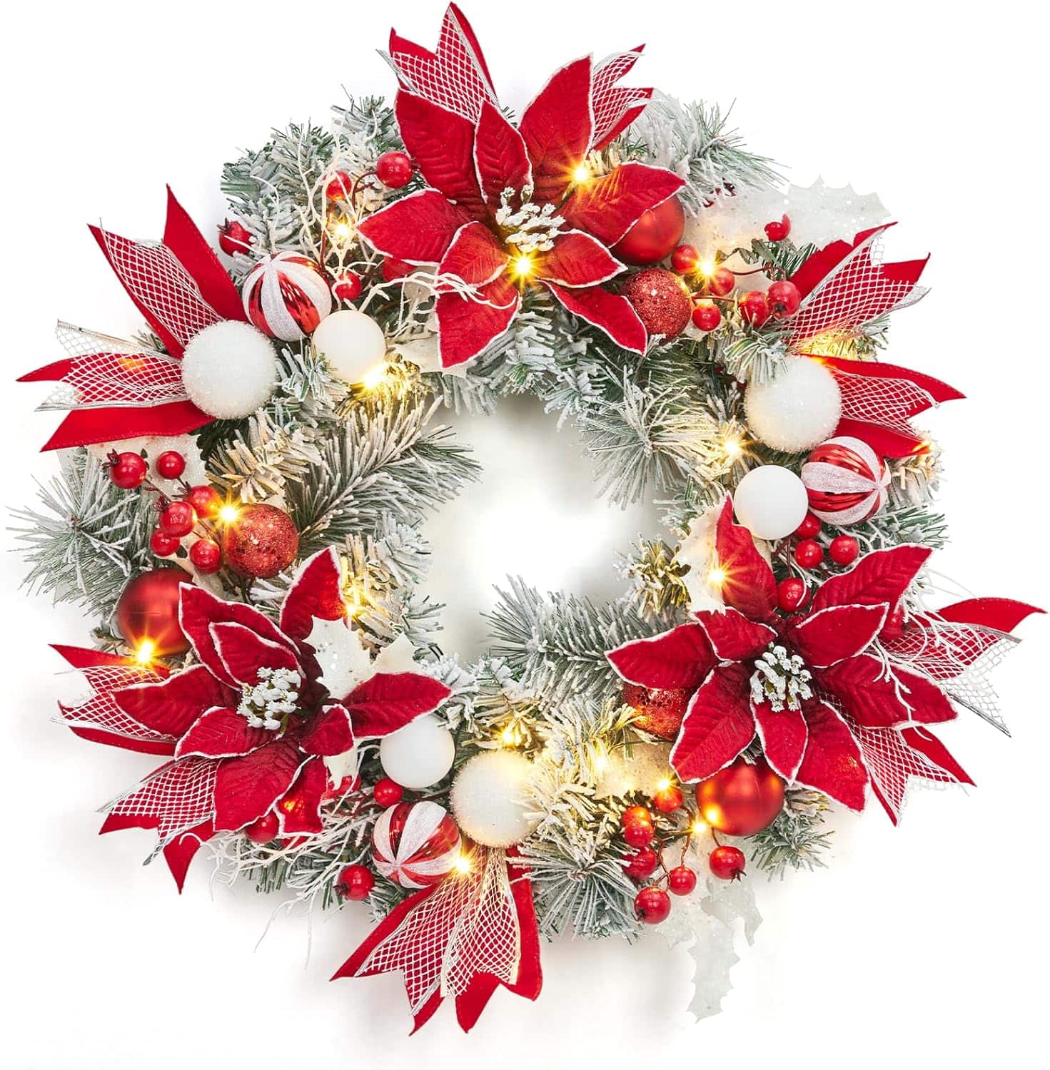 Jojoka - 24 Inch Pre-Lit Christmas Wreath for Grand Entryway and Entrance Displays - Green