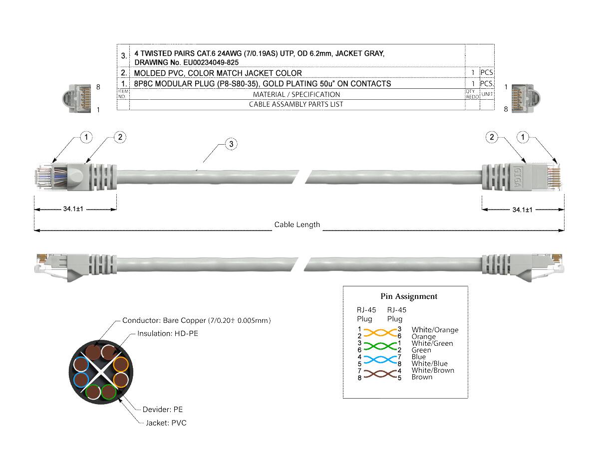 8 1
3. 4 TWISTED PAIRS CAT.6 24AWG (7/0.19AS) UTP, OD 6.2mm, JACKET GRAY, DRAWING No. EU00234049-825 2. MOLDED PVC. COLOR MATCH JACKET COLOR 1. 8P8C MODULAR PLUG (P8-S80-35), GOLD PLATING 50u" ON CONTACTS TEM NO. MATERIAL / SPECIFICATION CABLE ASSAMBLY PARTS LIST
1 PCS 1 PCS. YIG UNO REDO
1 8

1
2
3
2
1
HEI 34.11
THE GIGA 34.11
Cable Length
HHH
HHE
Conductor: Bare Copper (7/0.201 0.005mm) Insulation: HD-PE
Pin Assignment RJ-45 RJ-45 Plug Plug 3 White/Orange 6 Orange 1 White/Green 2 Green 12364578 8 4 7 White/Blue White