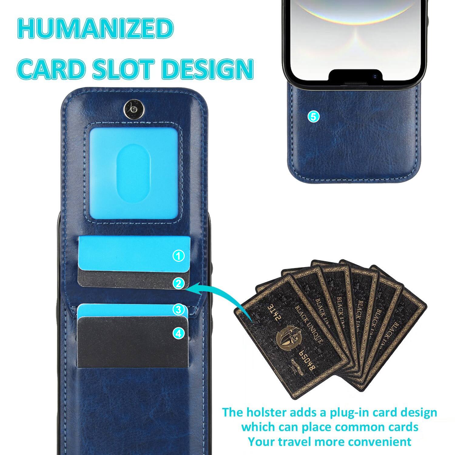 HUMANIZED CARD SLOT DESIGN

5 1 2 3 4 3T+5 BLACK BLACK BLAGK BLAGK UNIQUE UNIQUE nORM 65048 BLACK Fka BLAGK BLACK

The holster adds a plug-in card design which can place common cards. Your travel more convenient