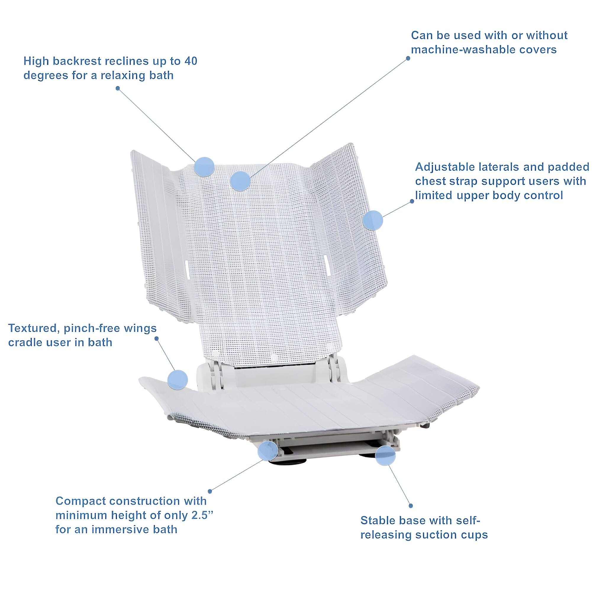 High backrest reclines up to 40 degrees for a relaxing bath  
Can be used with or without machine-washable covers  
Adjustable laterals and padded chest strap support users with limited upper body control  
Textured, pinch-free wings cradle user in bath  
Compact construction with minimum height of only 2.5" for an immersive bath  
Stable base with self-releasing suction cups