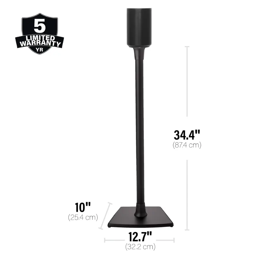 The image features a black lamp that is 34.4 inches tall. The lamp is also 10 inches wide and 12.7 inches deep. The lamp is designed to provide adequate lighting for various purposes, and its sleek design makes it an attractive addition to any room. The lamp is also backed by a limited warranty of 5 years, ensuring that it remains functional and reliable for an extended period.